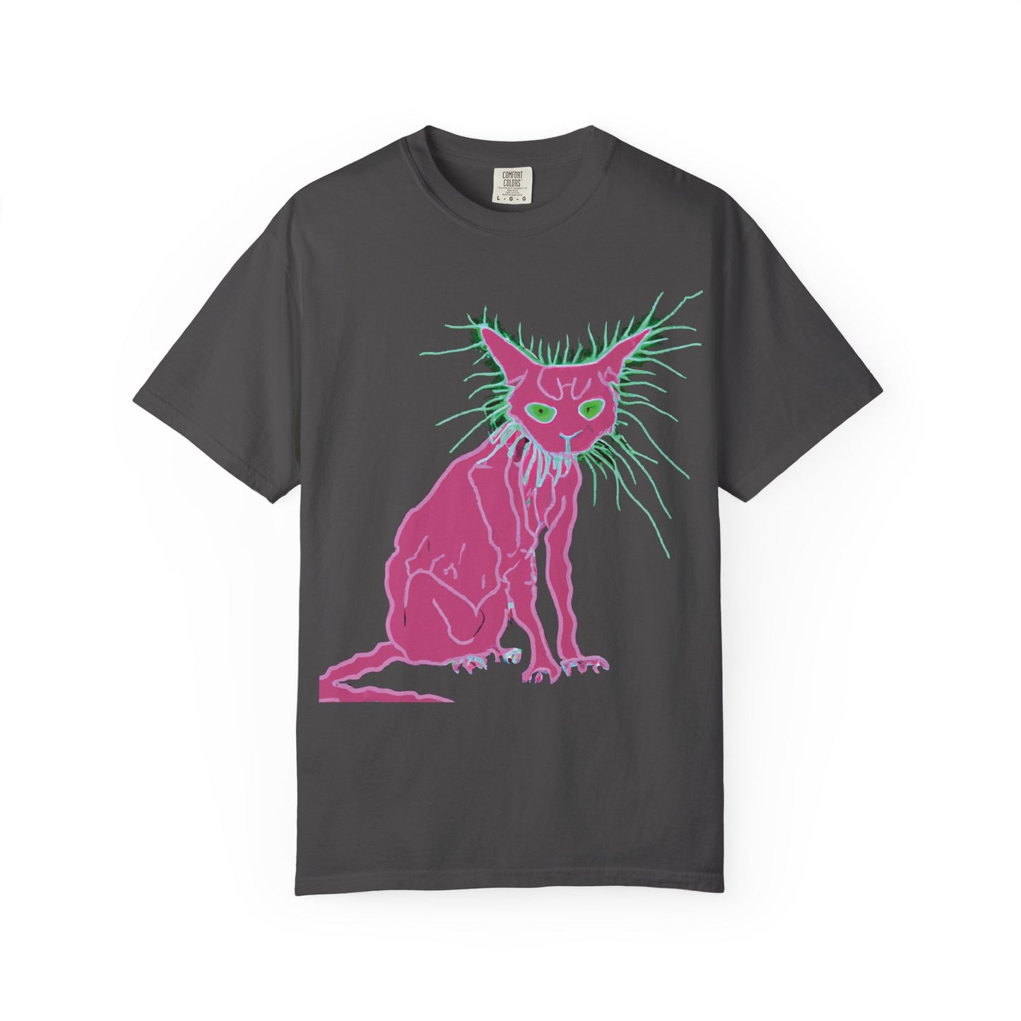 Sphynx Cat Graphic T-Shirt — Neon Pink & Green Punk Cat Design