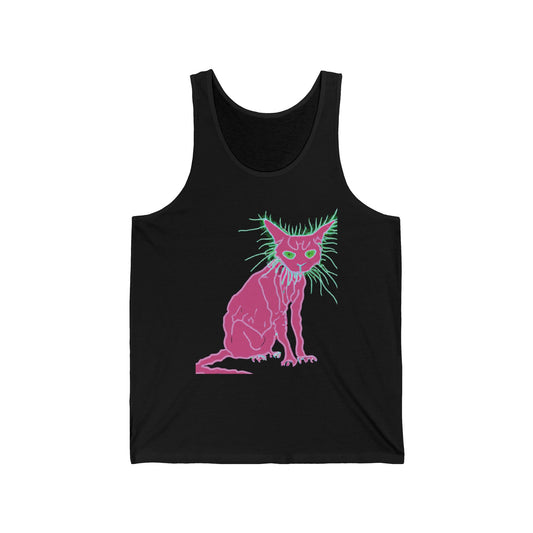 Sphynx Cat Neon Graphic Tank Top — Retro Pink & Green Hairless Cat Design