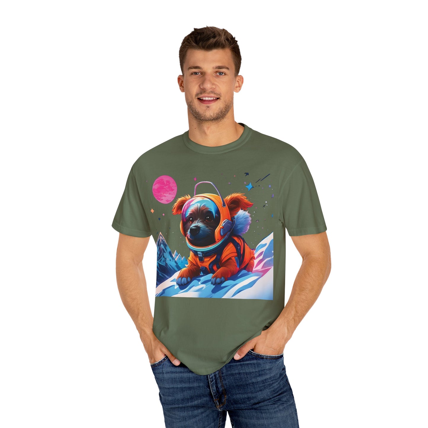 Astronaut Pug T-Shirt — Cute Space Dog Graphic Tee with PLUROUT.com Back Print