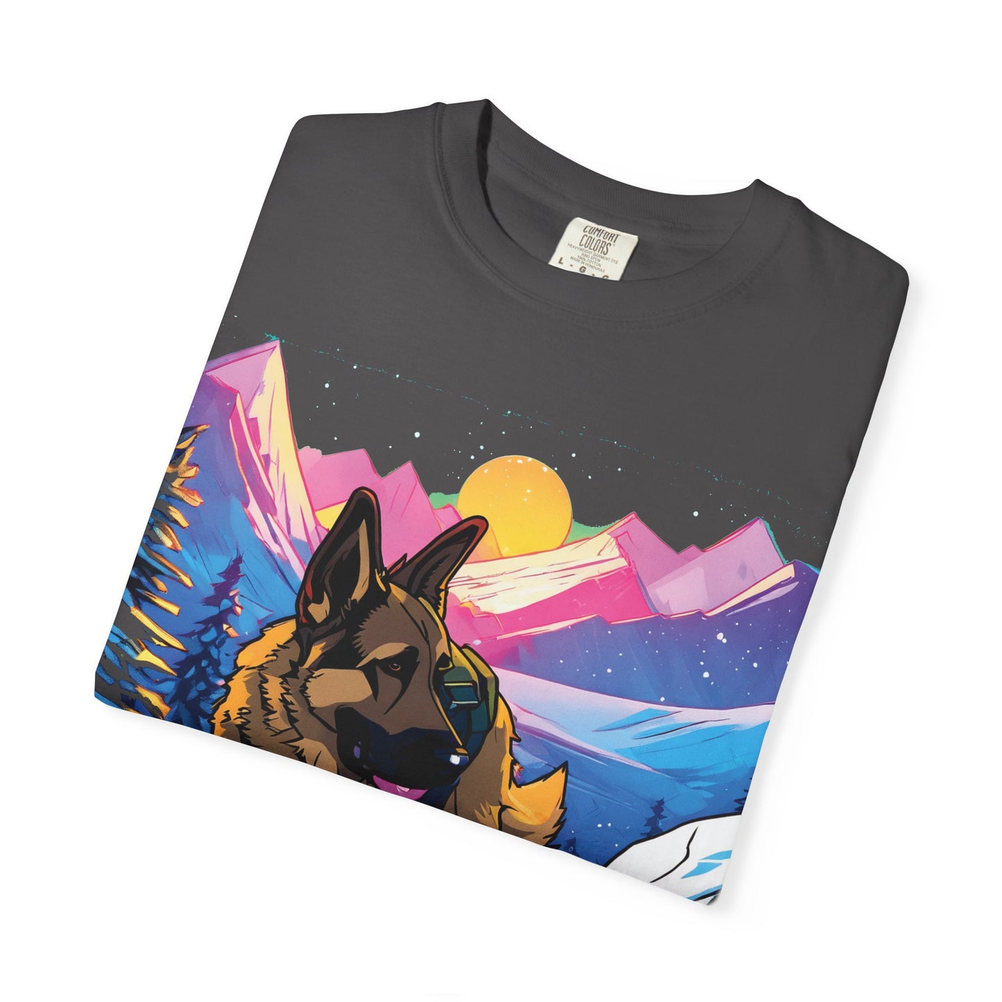 German Shepherd Mountain Sunset T-Shirt — Scenic Dog Graphic Tee