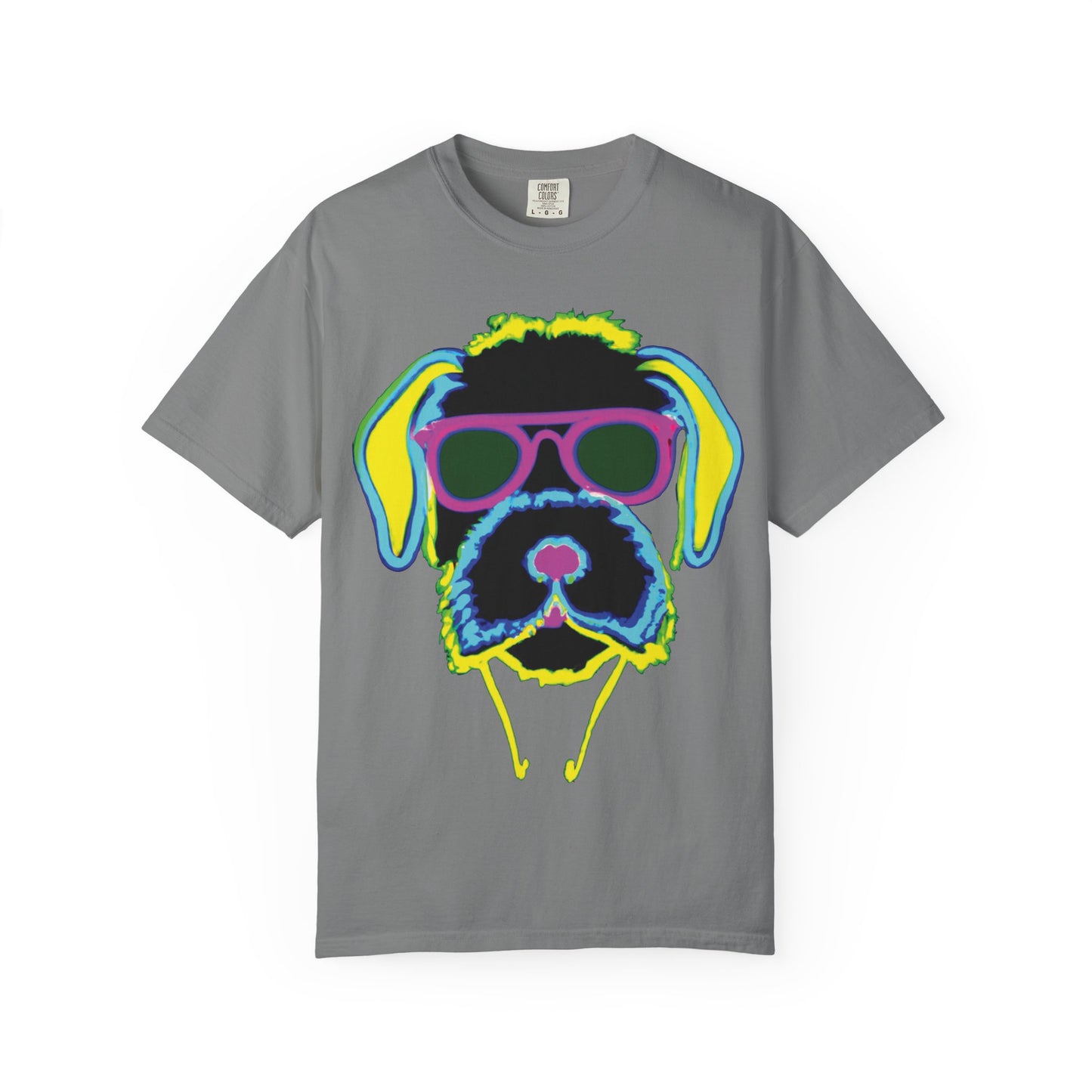Neon Cool Dog Graphic T-Shirt — Sunglasses Pup Tee with PlurOut Backprint