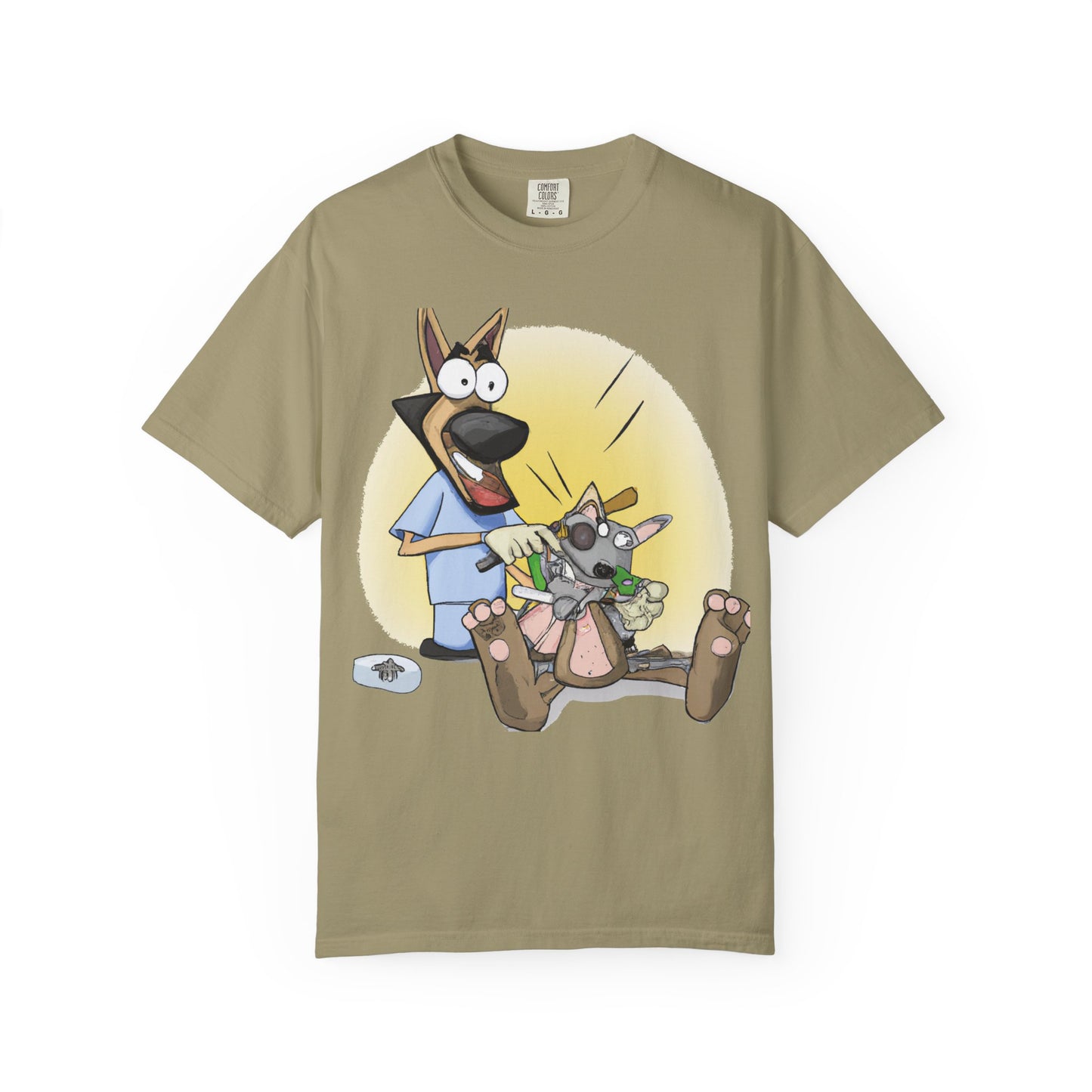 Funny Vet Dog T-Shirt — Cartoon Dog Grooming with 'PLuROUT.com' Back Print
