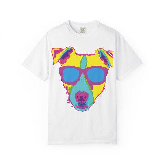 Dog Sunglasses Tee — Colorful Pop Art Dog T-Shirt (PLURout.com Back)