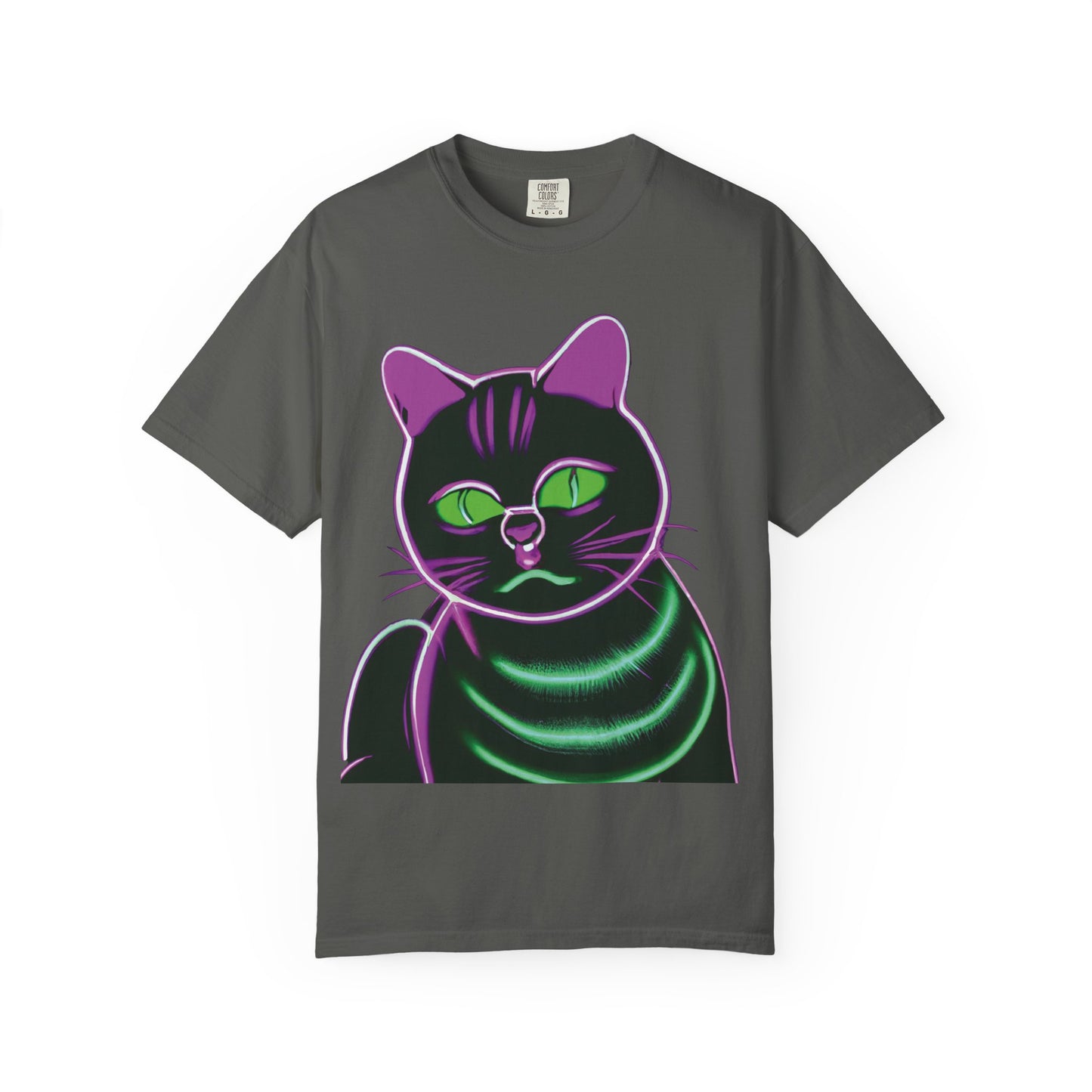 Neon Black Cat Graphic T-Shirt — Glow Green/Purple Cat Tee