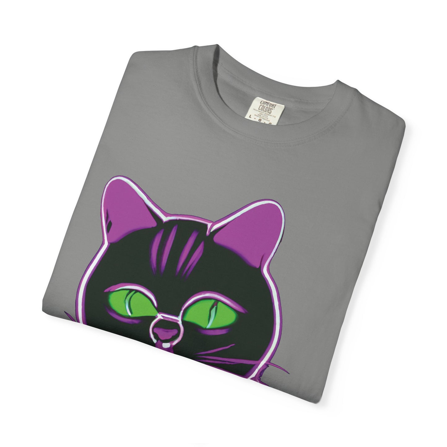 Neon Black Cat Graphic T-Shirt — Glow Green/Purple Cat Tee