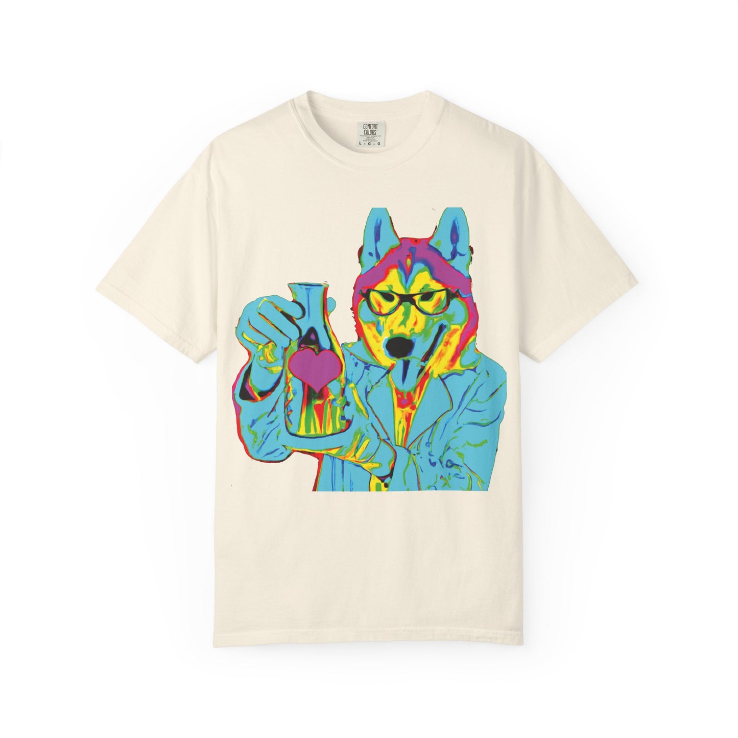 Psychedelic Husky Graphic T-Shirt — Colorful Scientist Dog Design