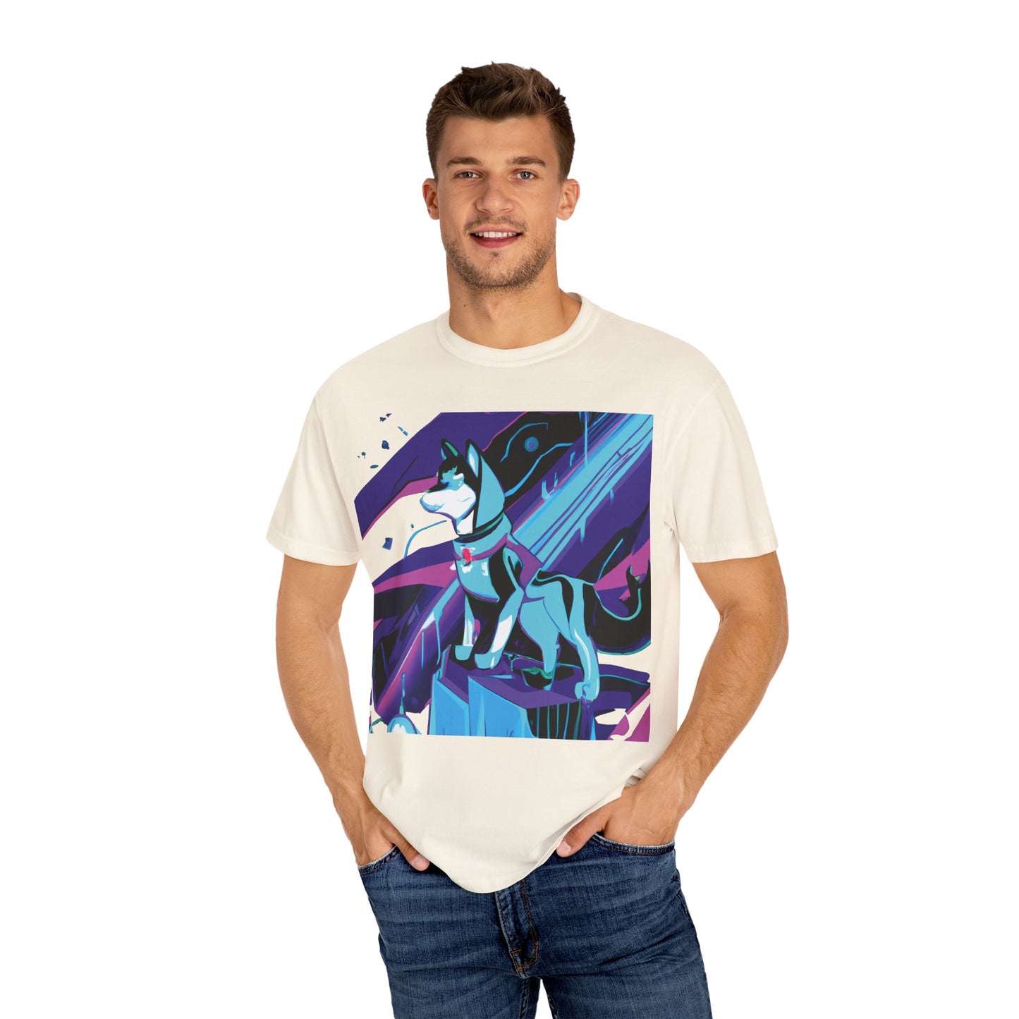 Arctic Husky Graphic T‑Shirt — Neon Cyber Wolf Design