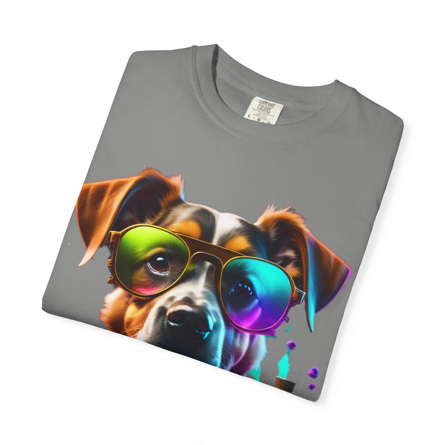 Dog Chemist Graphic T-Shirt — Colorful Lab Pup Design with 'Plurout.com' Backprint