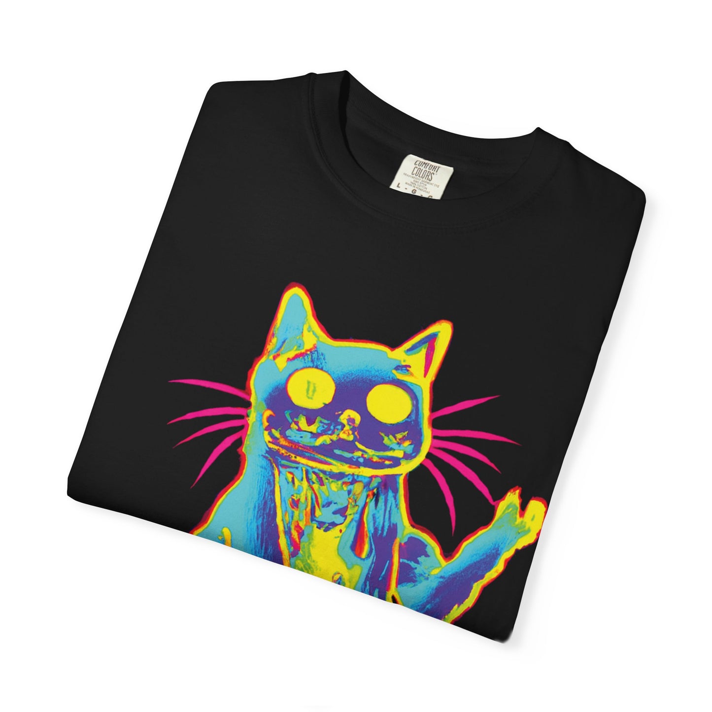 Psychedelic Cat Graphic T-Shirt — Retro Neon Cat Front + 'PLURR0UT.com' Back