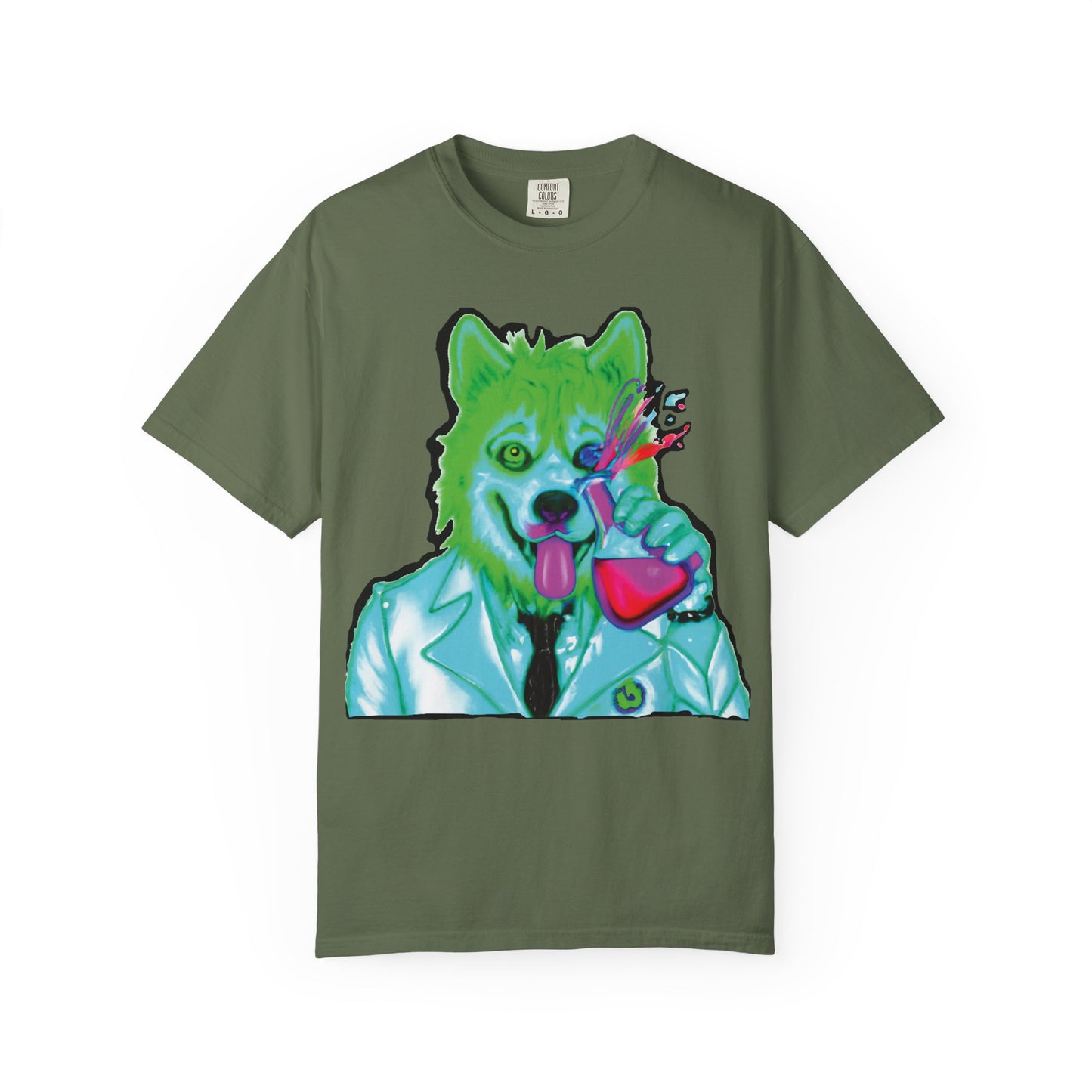Chemist Wolf Graphic T-Shirt — Green Cartoon Animal Lab Art