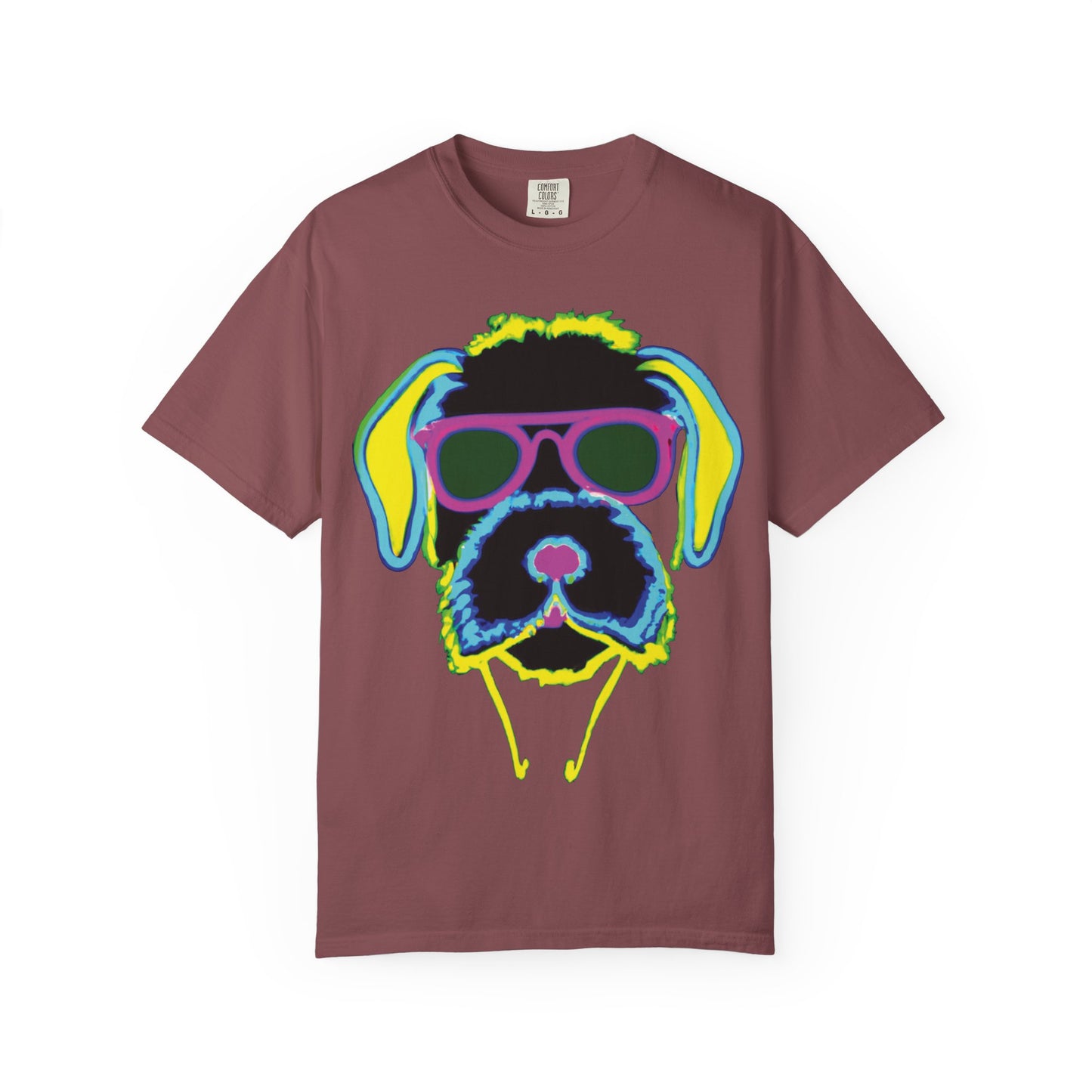 Neon Cool Dog Graphic T-Shirt — Sunglasses Pup Tee with PlurOut Backprint