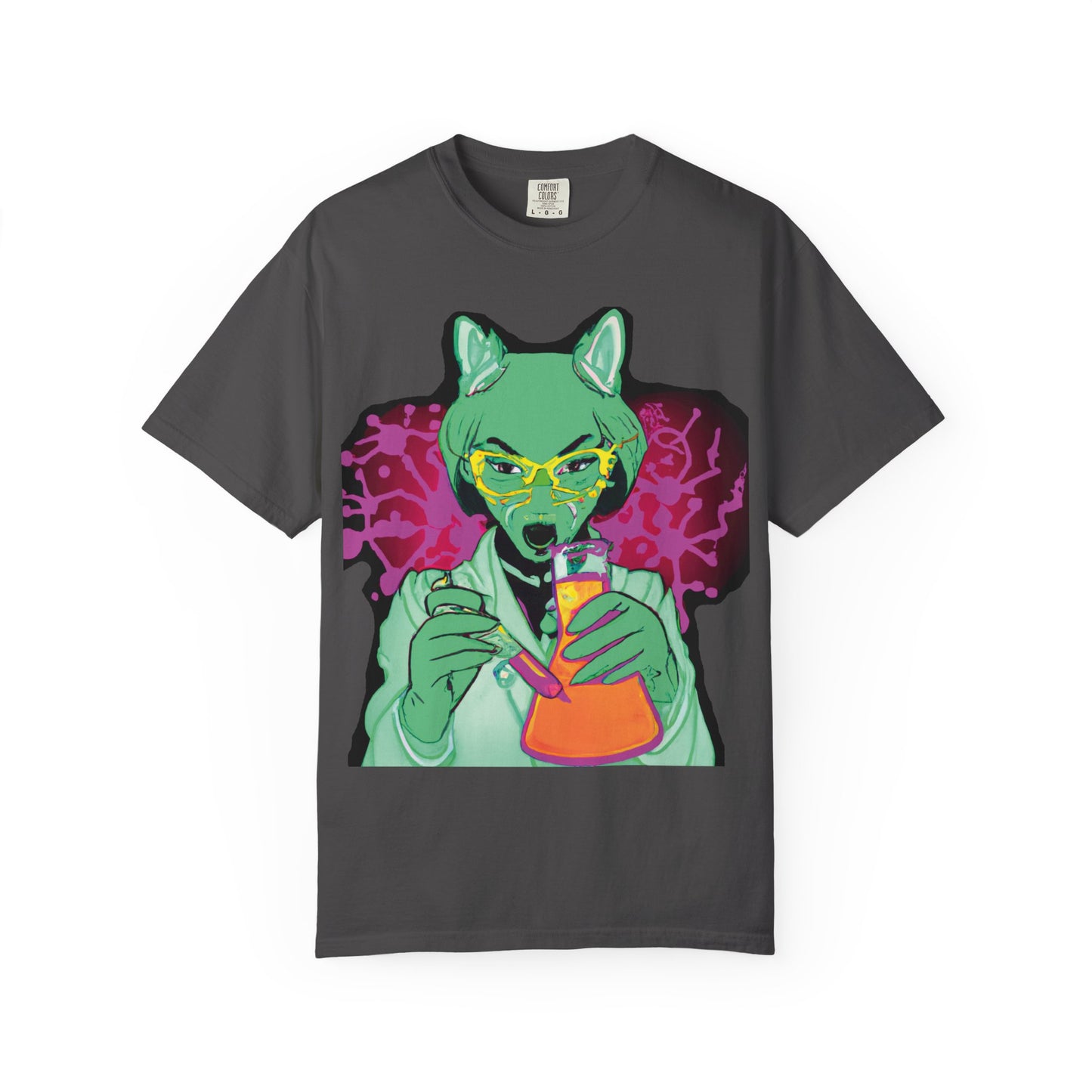 Psychedelic Fox Chemist T-Shirt — Green Fox with Beaker Graphic