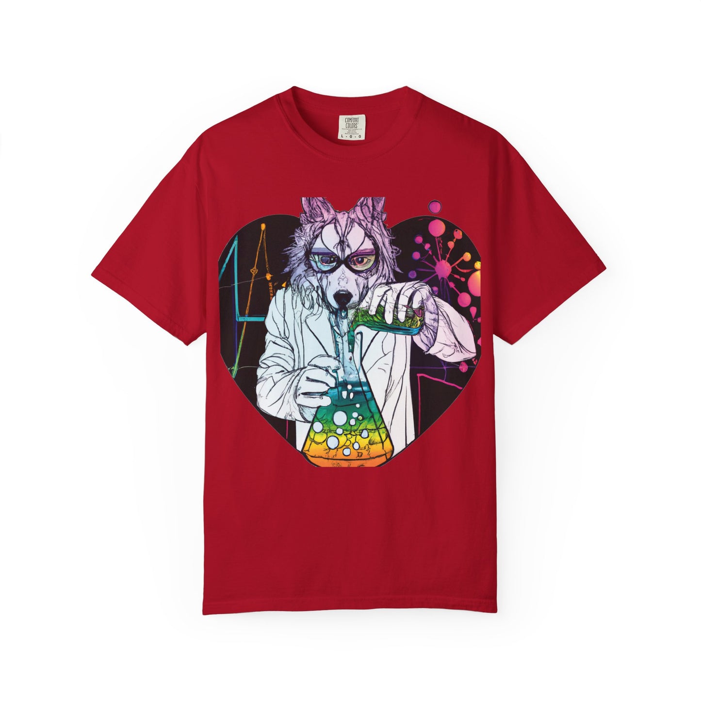 Science Wolf Heart T-Shirt — Colorful Mad Scientist Wolf Graphic Tee