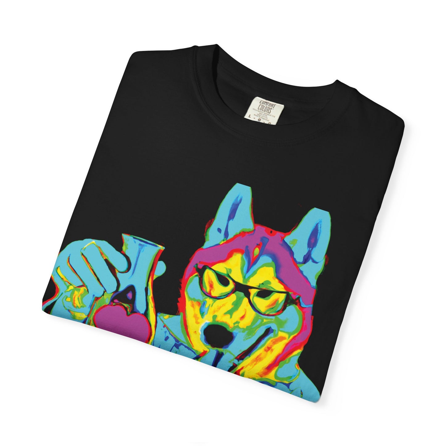 Psychedelic Husky Graphic T-Shirt — Colorful Scientist Dog Design