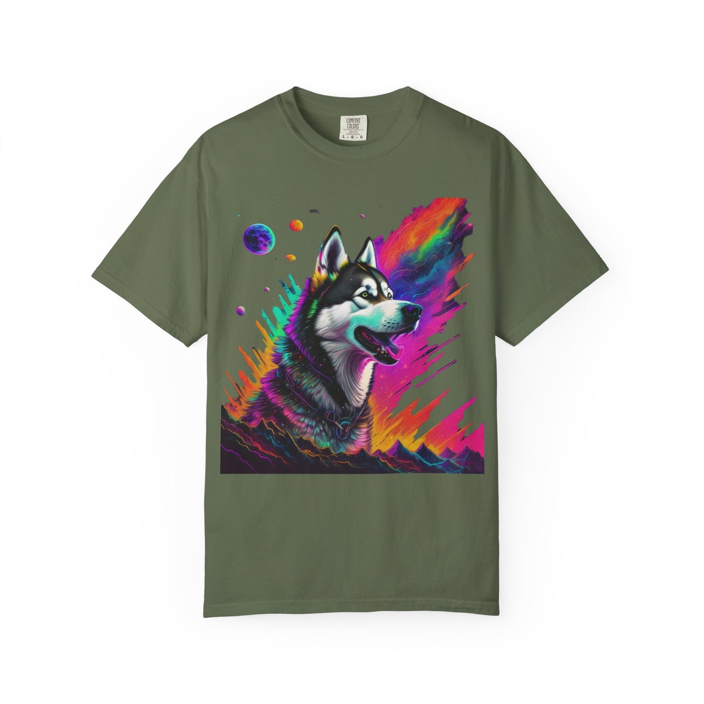 Husky Nebula T-Shirt — Colorful Cosmic Dog Art Tee