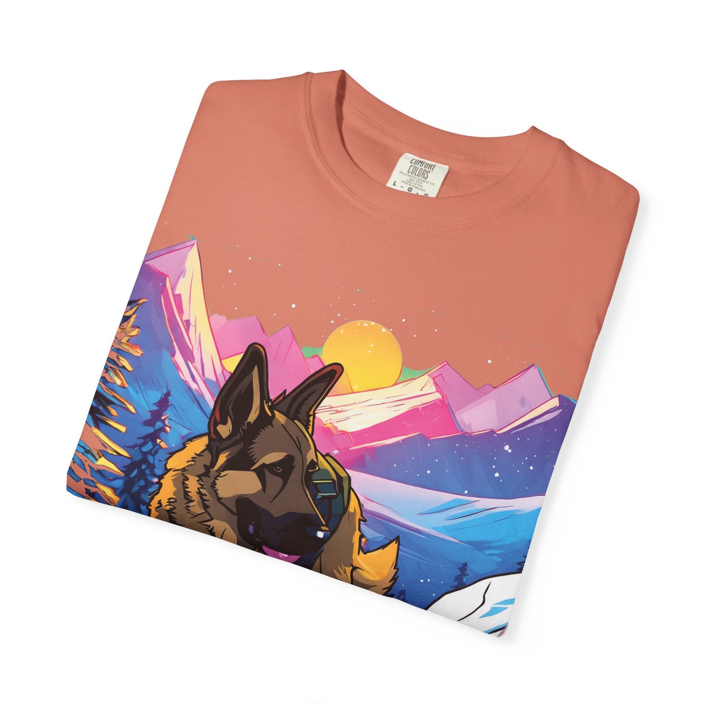 German Shepherd Mountain Sunset T-Shirt — Scenic Dog Graphic Tee