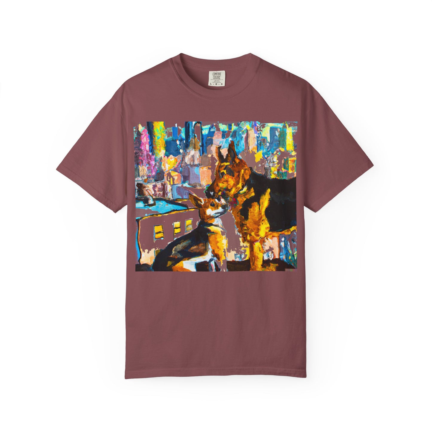 Dog Art T-Shirt — Colorful Urban Canine Print (Back Logo "PLUKOUT.com")