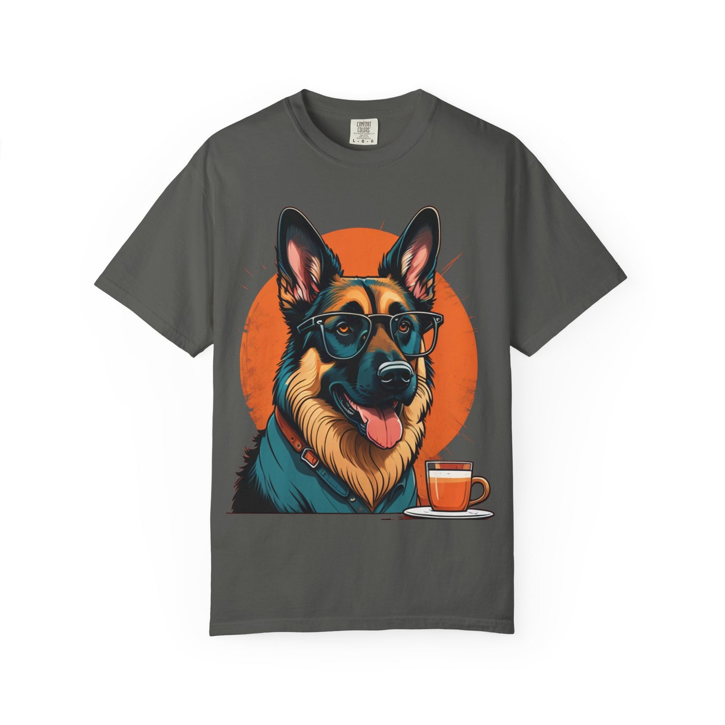 German Shepherd Coffee T-Shirt — Cool Dog Graphic Tee with Sunglasses & Mug