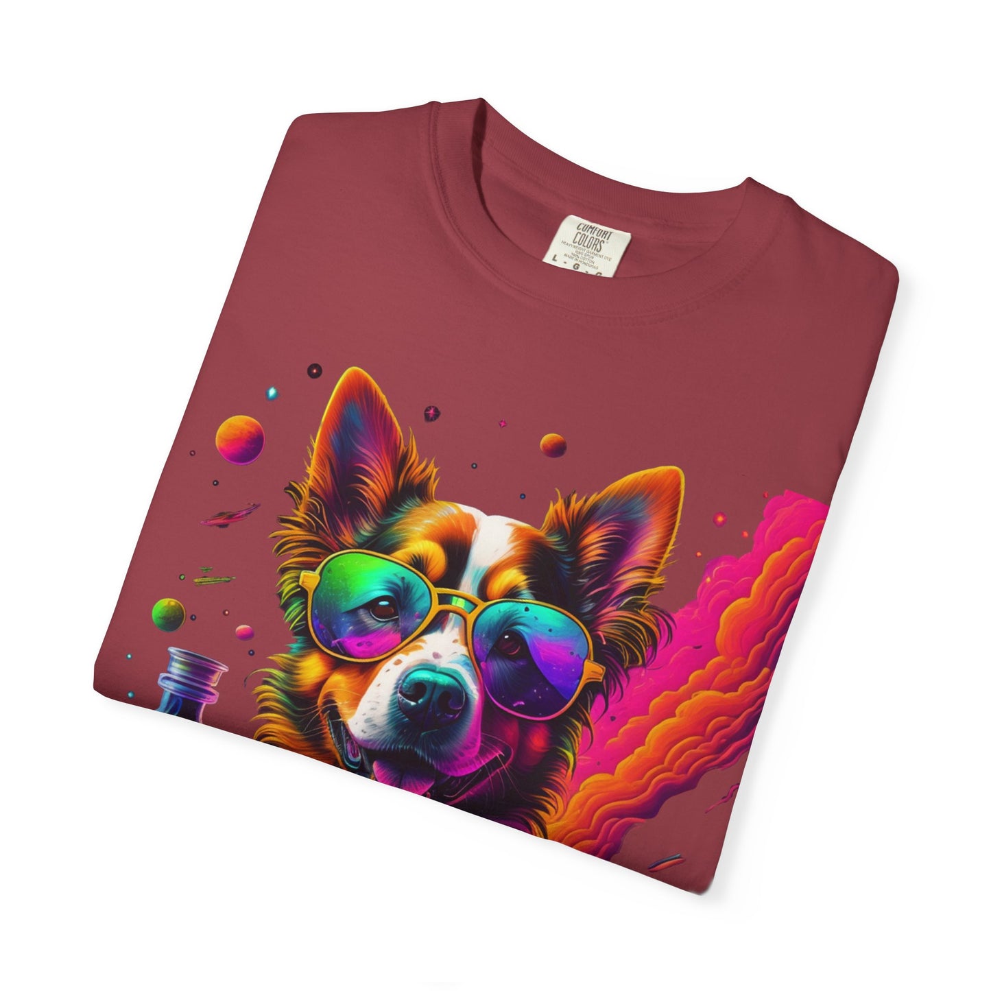 Psychedelic Dog Graphic Tee — Colorful Sunglasses Pup Print