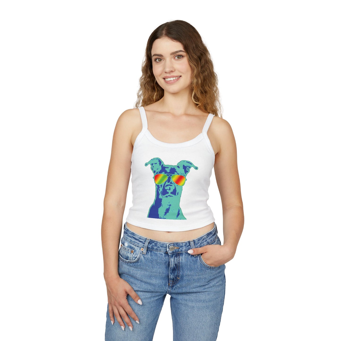 Dog Sunglasses Crop Tank Top — Colorful Summer Pup Graphic