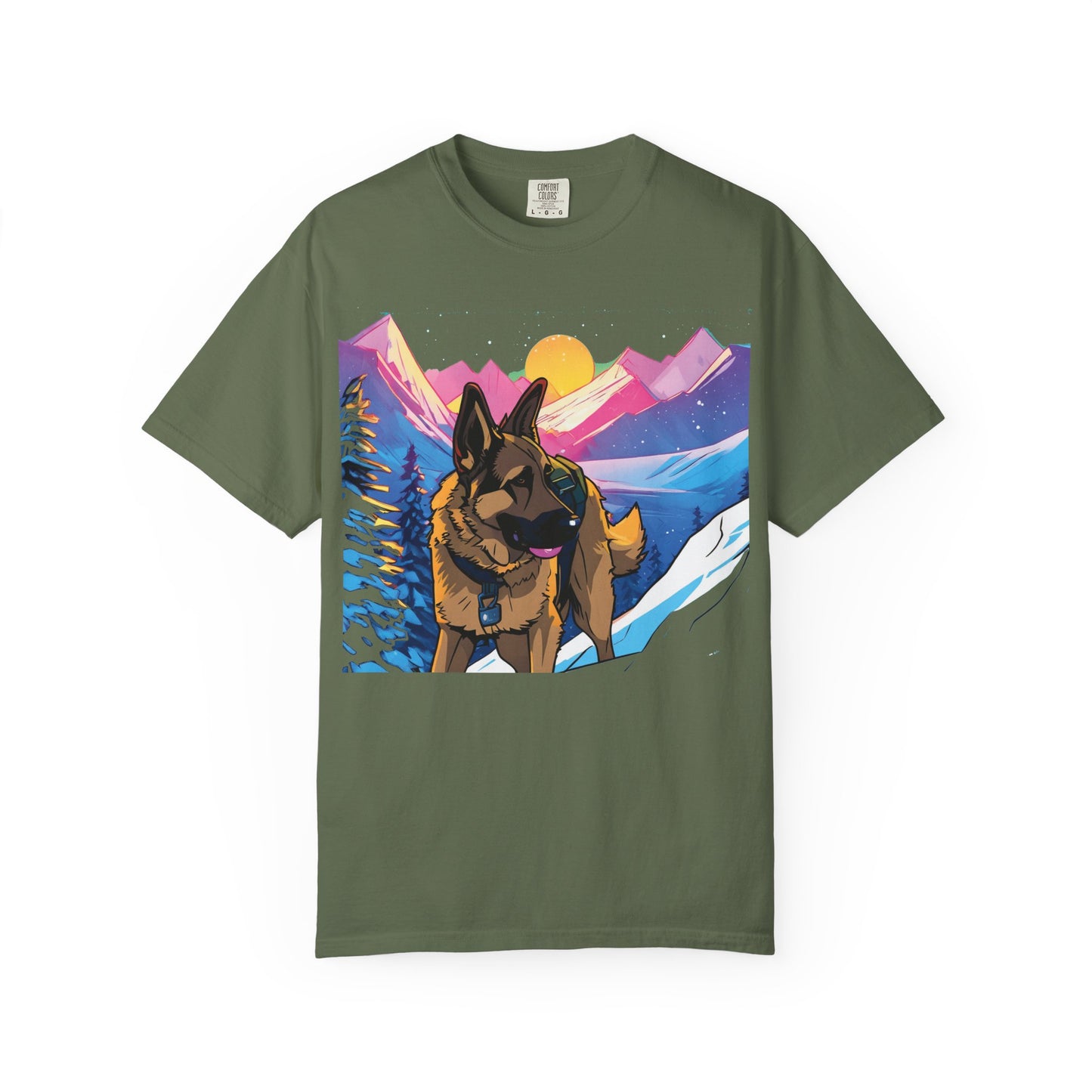 German Shepherd Mountain Sunset T-Shirt — Scenic Dog Graphic Tee