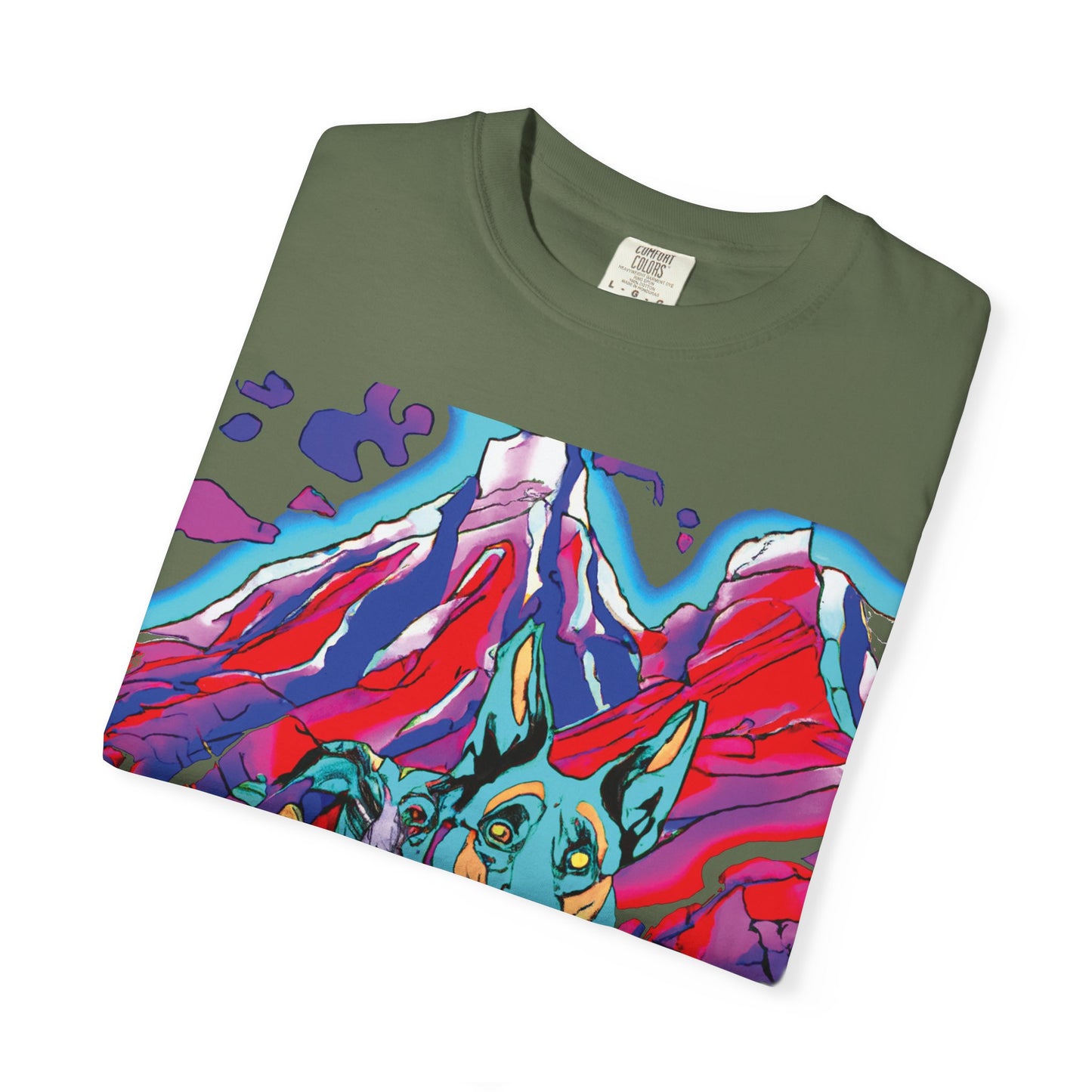 Psychedelic Mountain German Shepherd T-Shirt — Colorful Graphic Tee with Bold Back Script