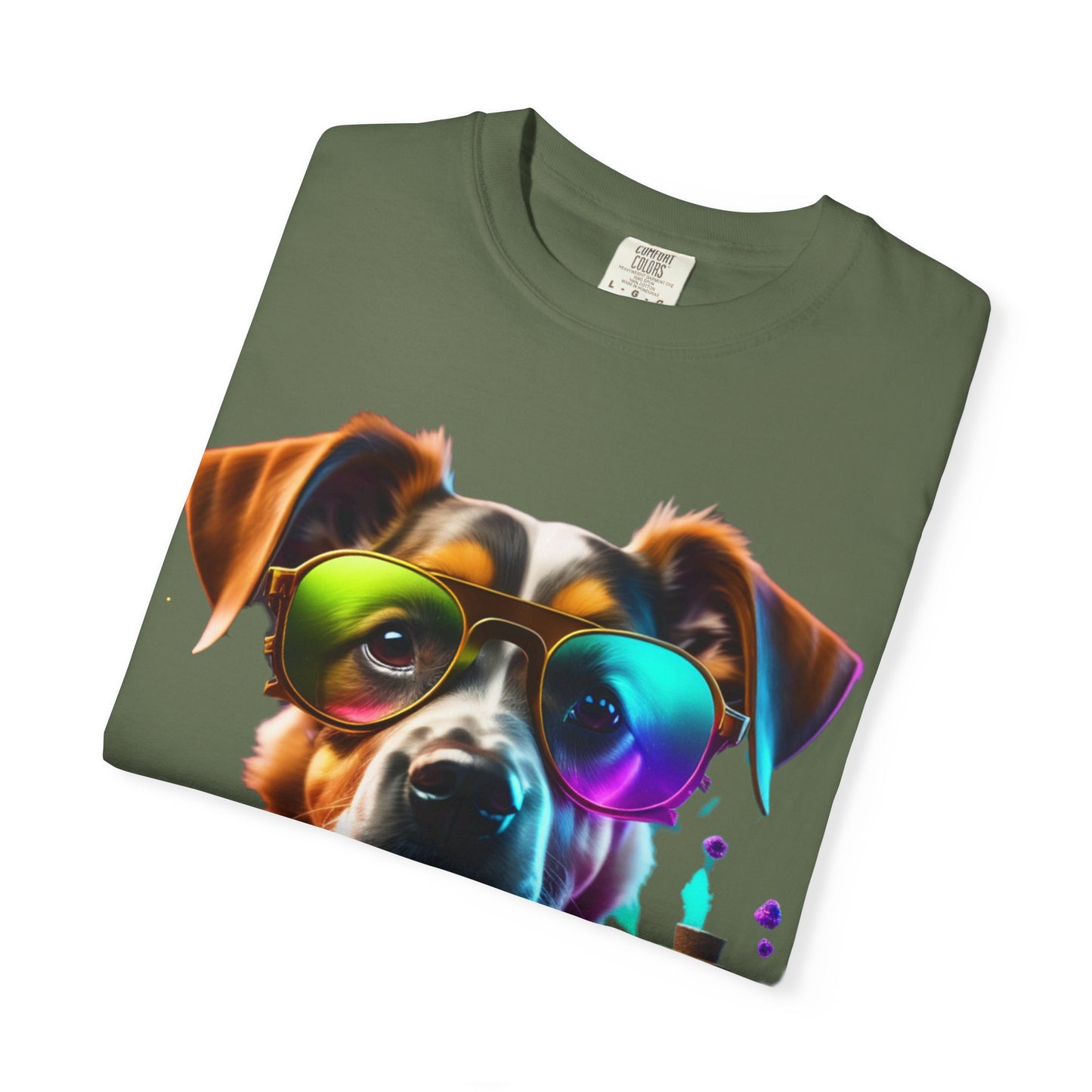 Dog Chemist Graphic T-Shirt — Colorful Lab Pup Design with 'Plurout.com' Backprint