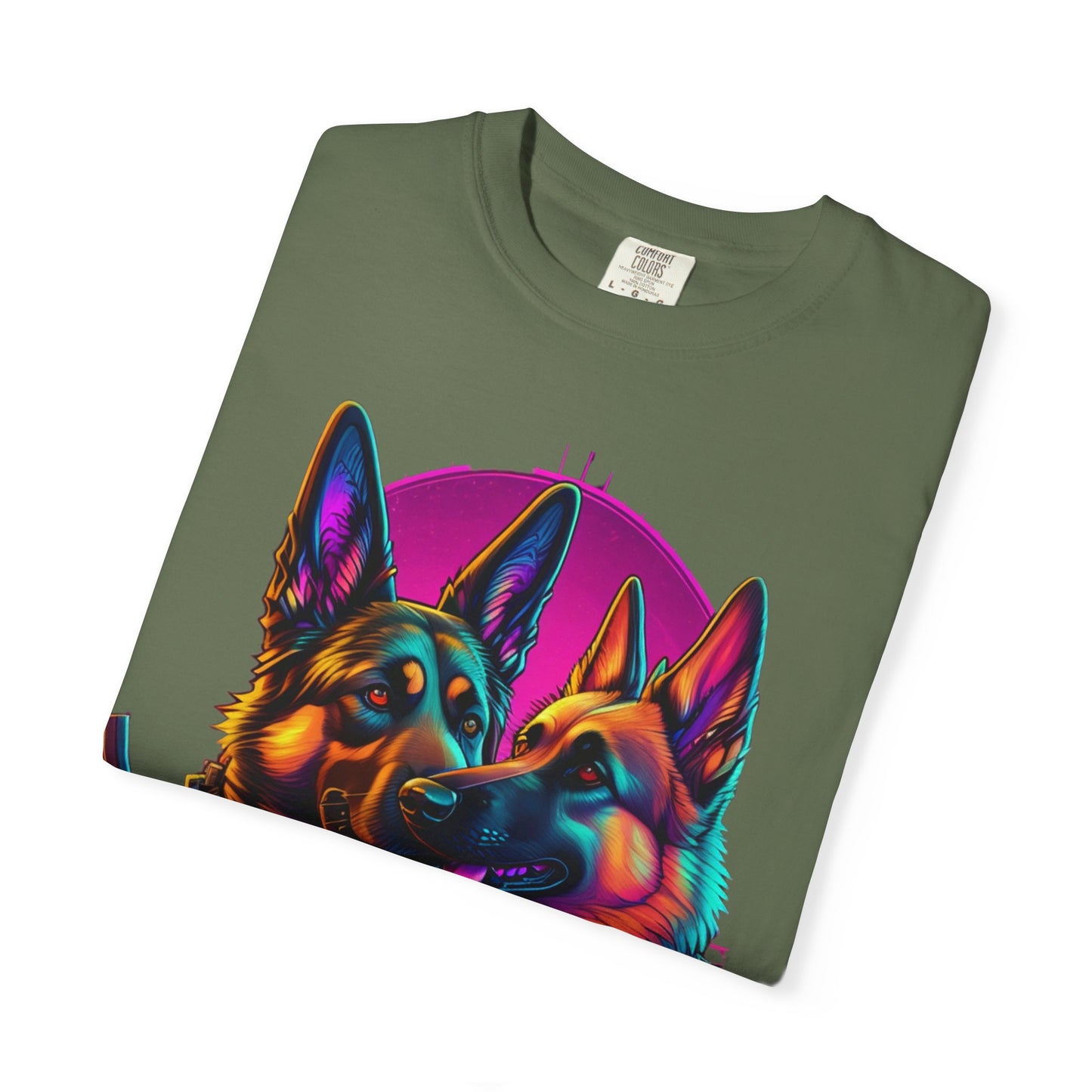 German Shepherd Duo T‑Shirt — Neon Retro K9 Art