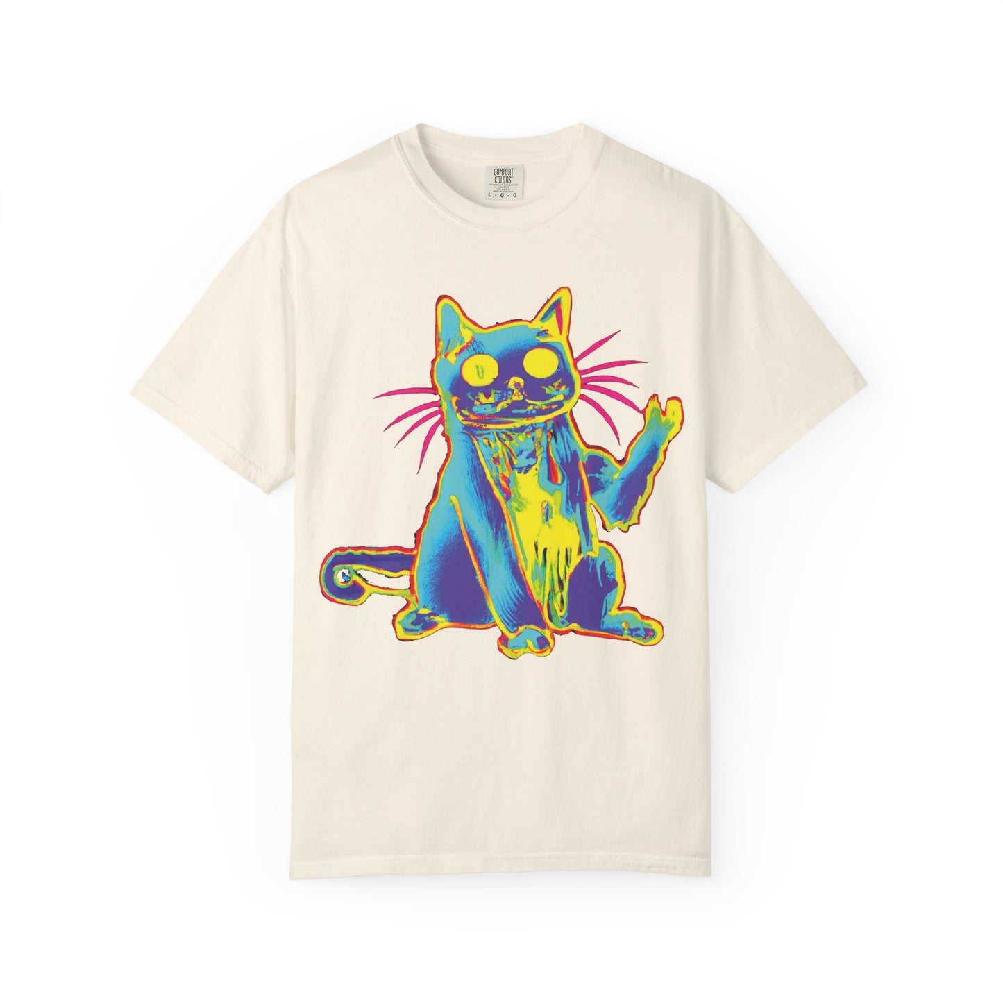 Psychedelic Cat Graphic T-Shirt — Retro Neon Cat Front + 'PLURR0UT.com' Back