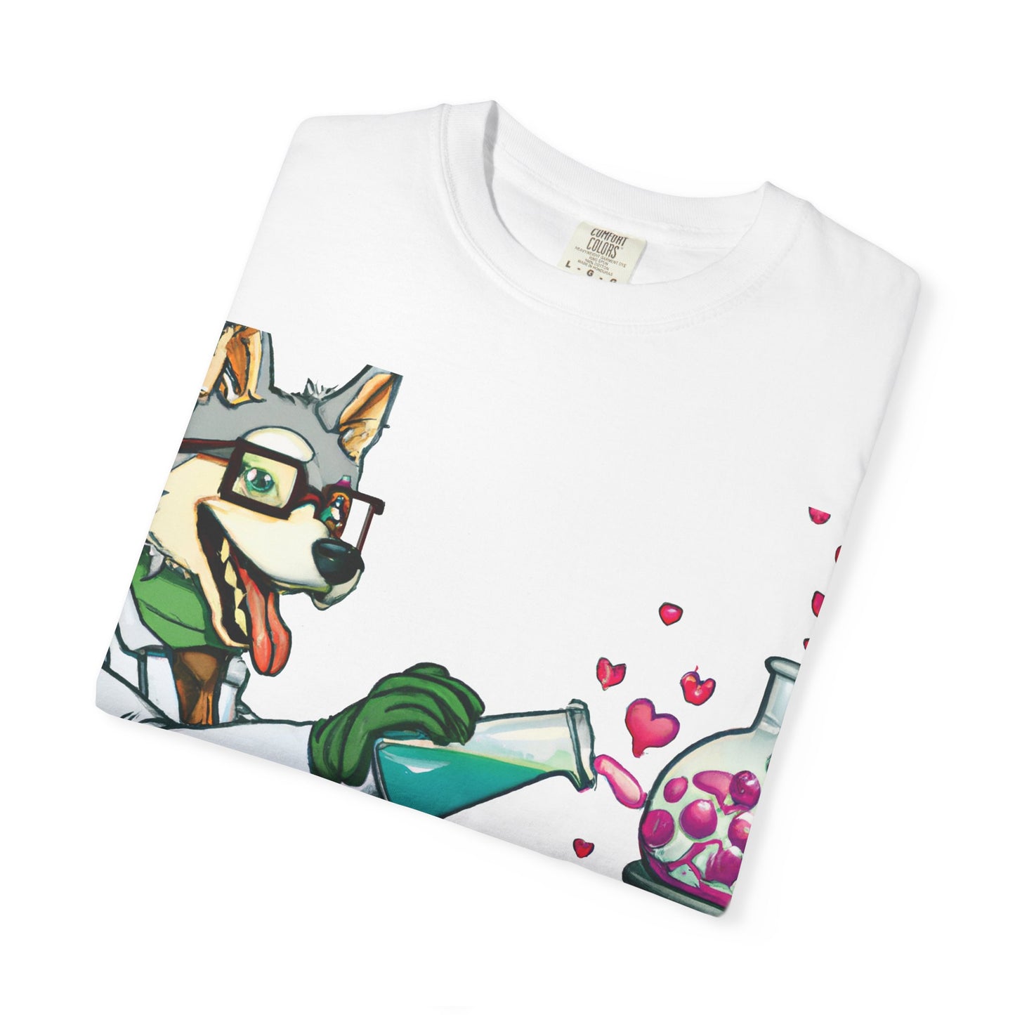 Chemist Dog T-Shirt — Cute Lab Scientist Pouring Love (Plurout.com Back Print)