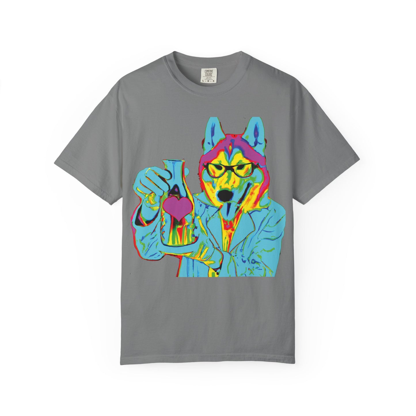Psychedelic Husky Graphic T-Shirt — Colorful Scientist Dog Design