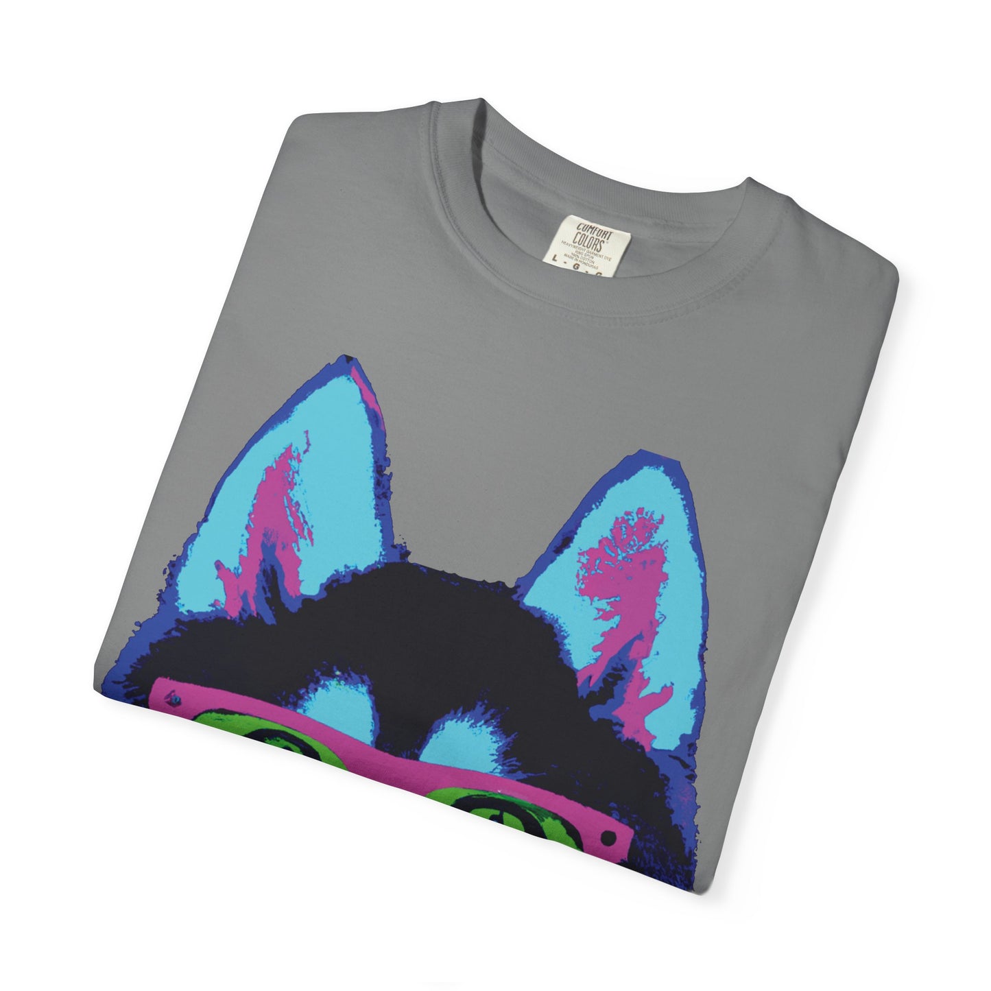 Pop Art Husky T-Shirt — Colorful Dog Face with Sunglasses, Back 'PLURout.com' Graphic