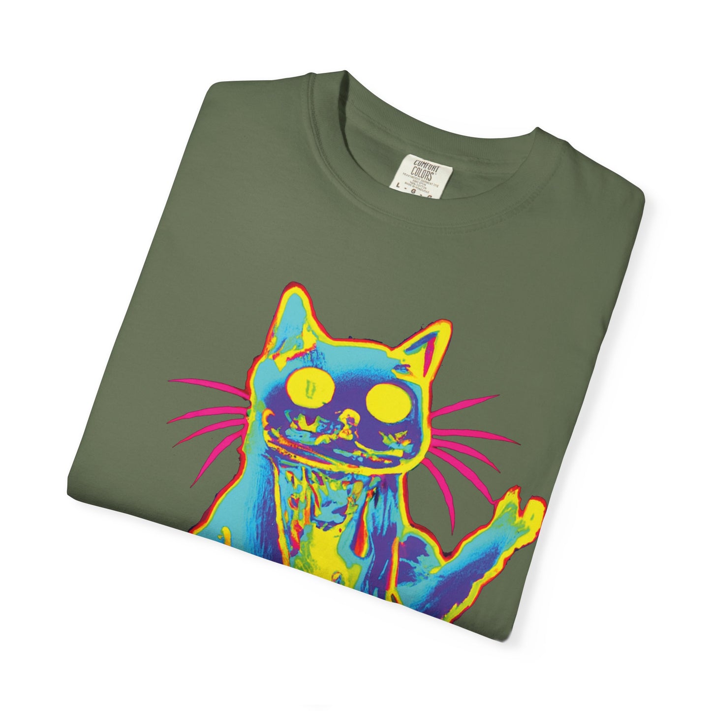 Psychedelic Cat Graphic T-Shirt — Retro Neon Cat Front + 'PLURR0UT.com' Back
