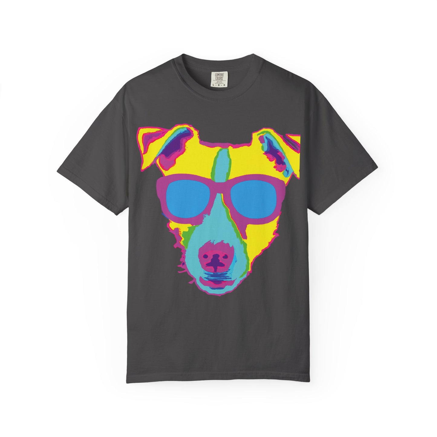 Dog Sunglasses Tee — Colorful Pop Art Dog T-Shirt (PLURout.com Back)