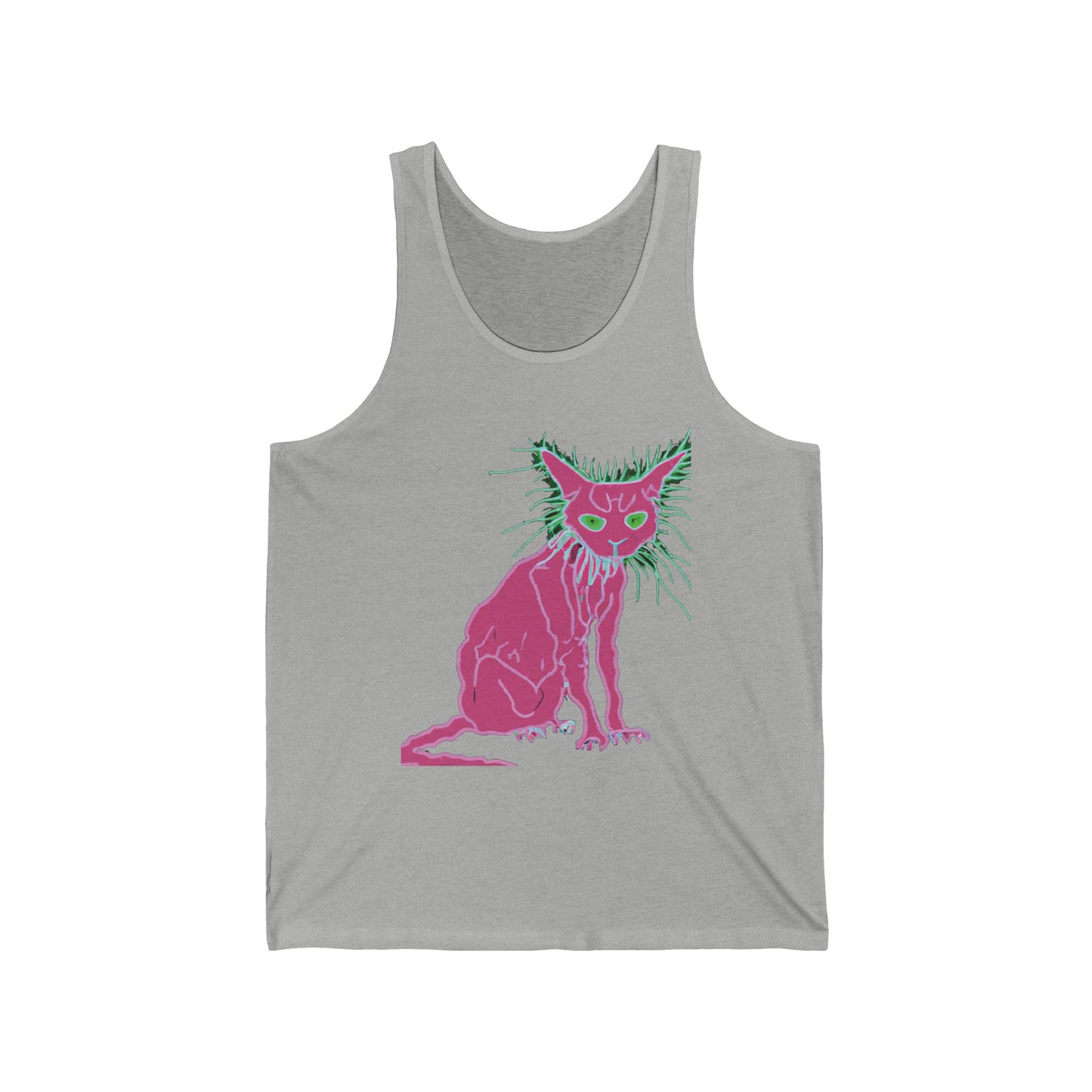 Sphynx Cat Neon Graphic Tank Top — Retro Pink & Green Hairless Cat Design