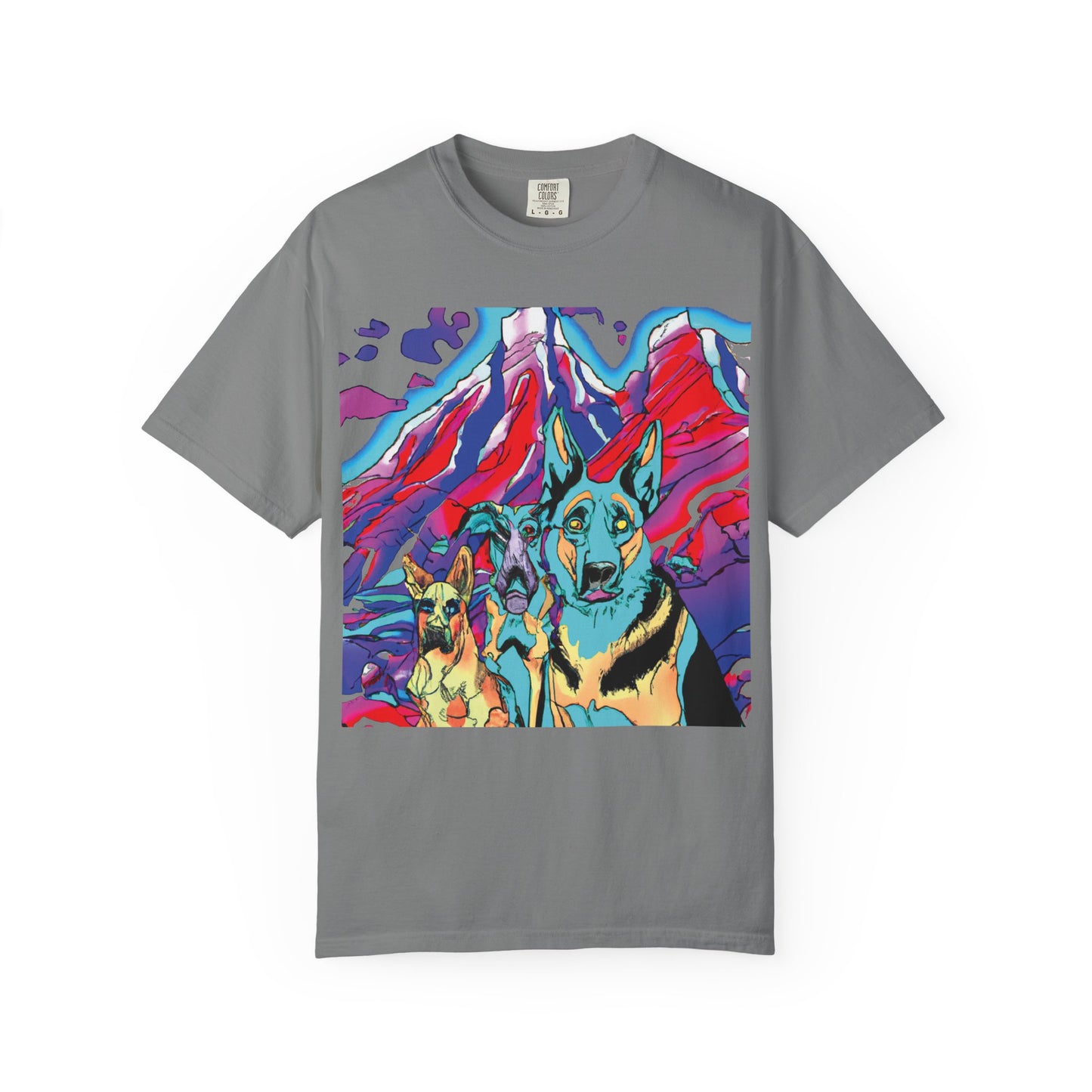 Psychedelic Mountain German Shepherd T-Shirt — Colorful Graphic Tee with Bold Back Script