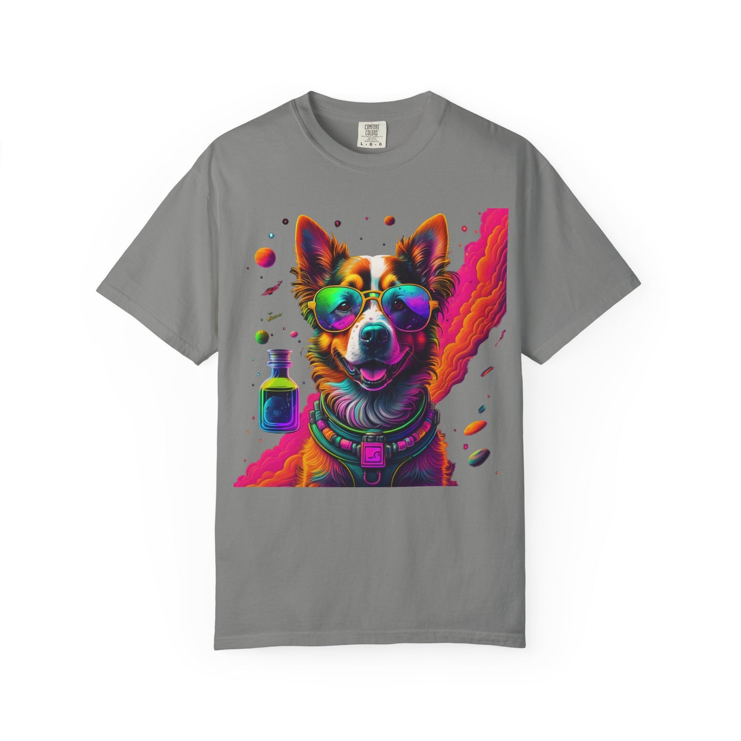 Psychedelic Dog Graphic Tee — Colorful Sunglasses Pup Print
