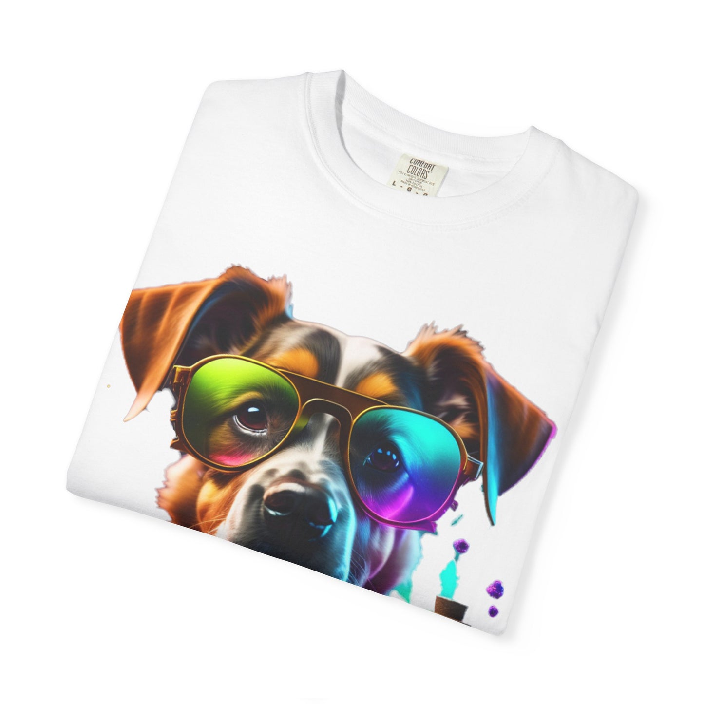 Dog Chemist Graphic T-Shirt — Colorful Lab Pup Design with 'Plurout.com' Backprint
