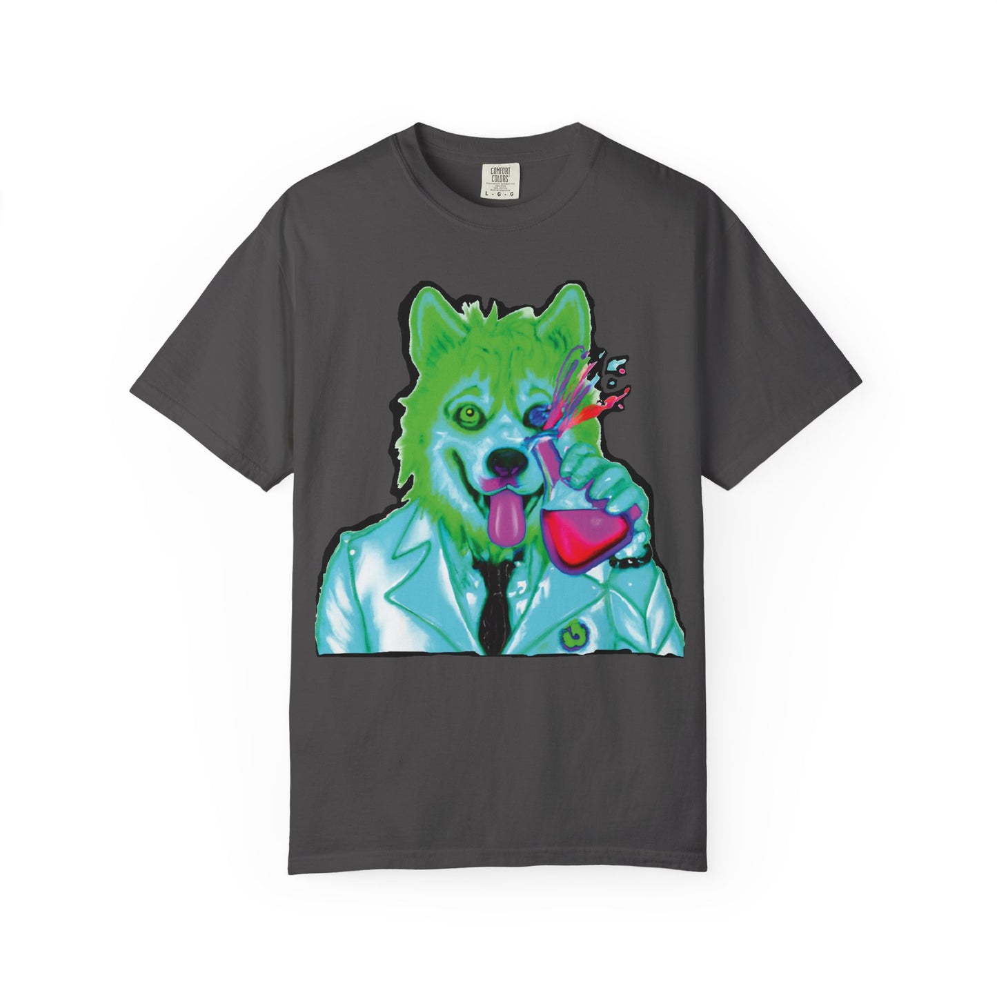 Chemist Wolf Graphic T-Shirt — Green Cartoon Animal Lab Art