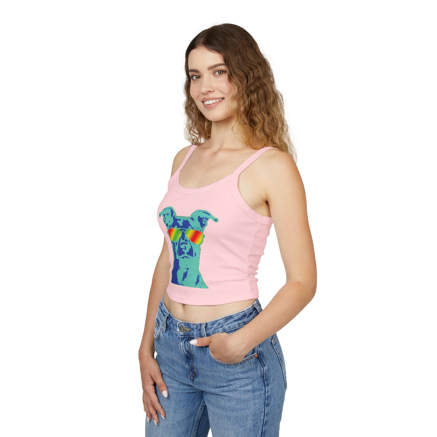 Dog Sunglasses Crop Tank Top — Colorful Summer Pup Graphic