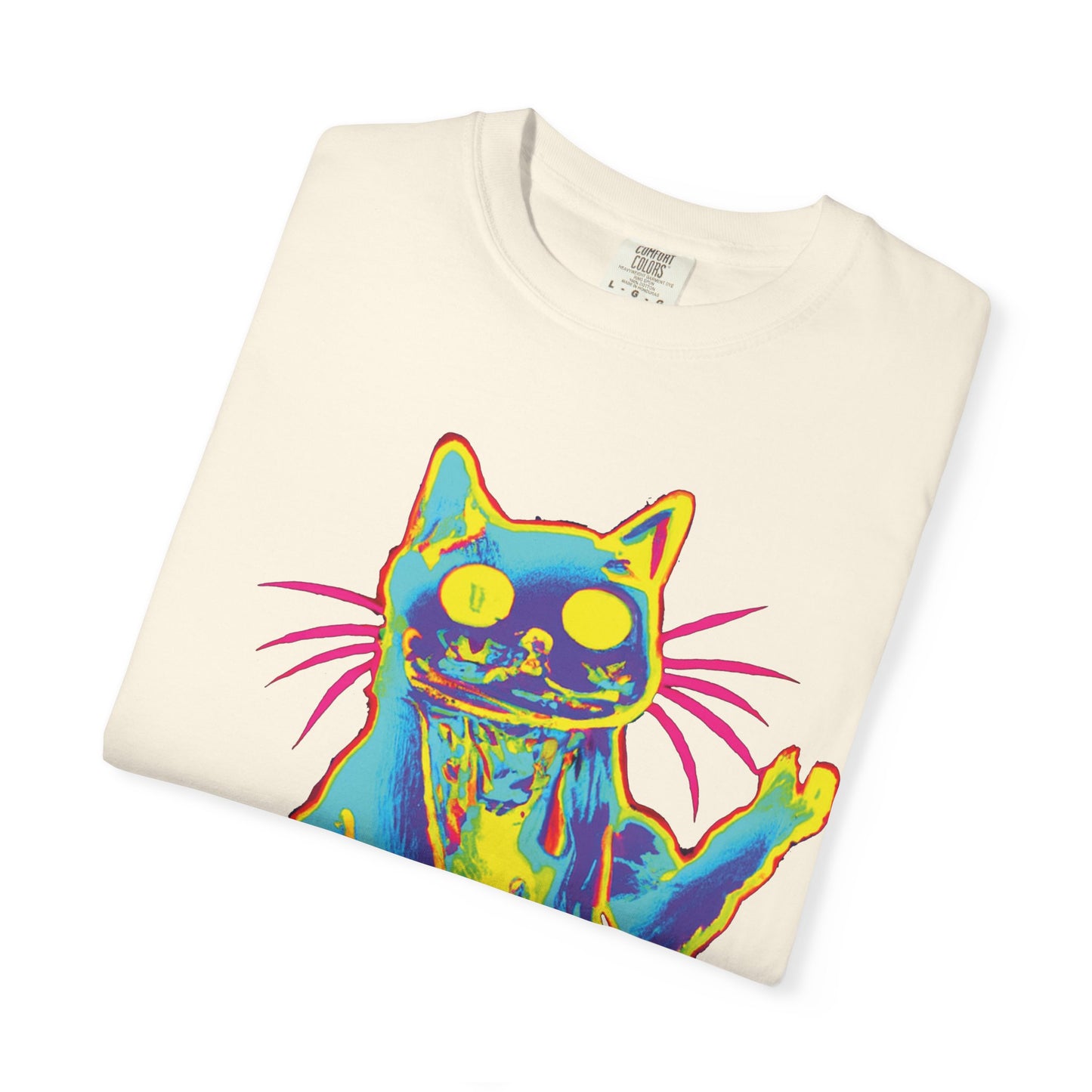Psychedelic Cat Graphic T-Shirt — Retro Neon Cat Front + 'PLURR0UT.com' Back