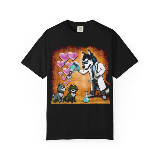 Husky Scientist Pouring Love T-Shirt — Cute Dog Chemistry Graphic Tee