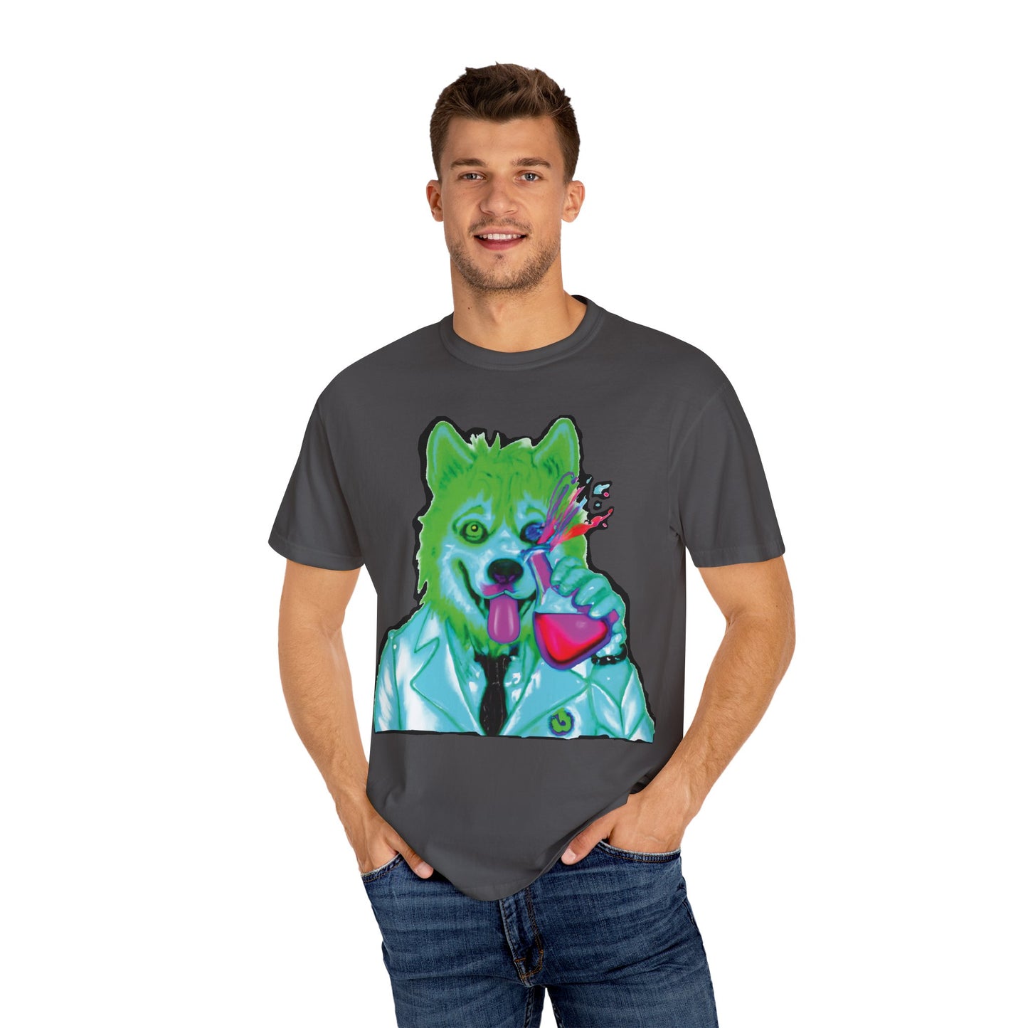 Chemist Wolf Graphic T-Shirt — Green Cartoon Animal Lab Art