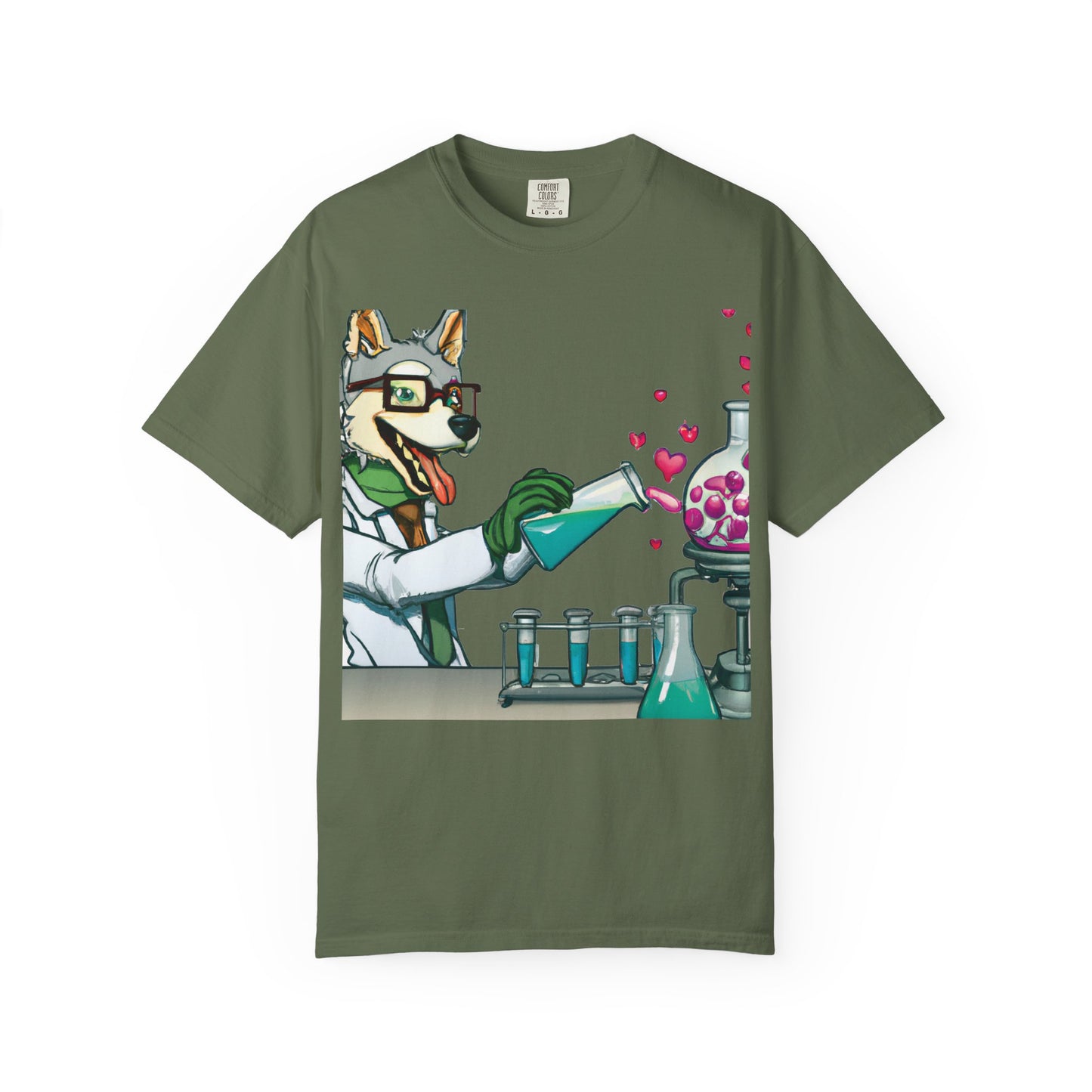 Chemist Dog T-Shirt — Cute Lab Scientist Pouring Love (Plurout.com Back Print)