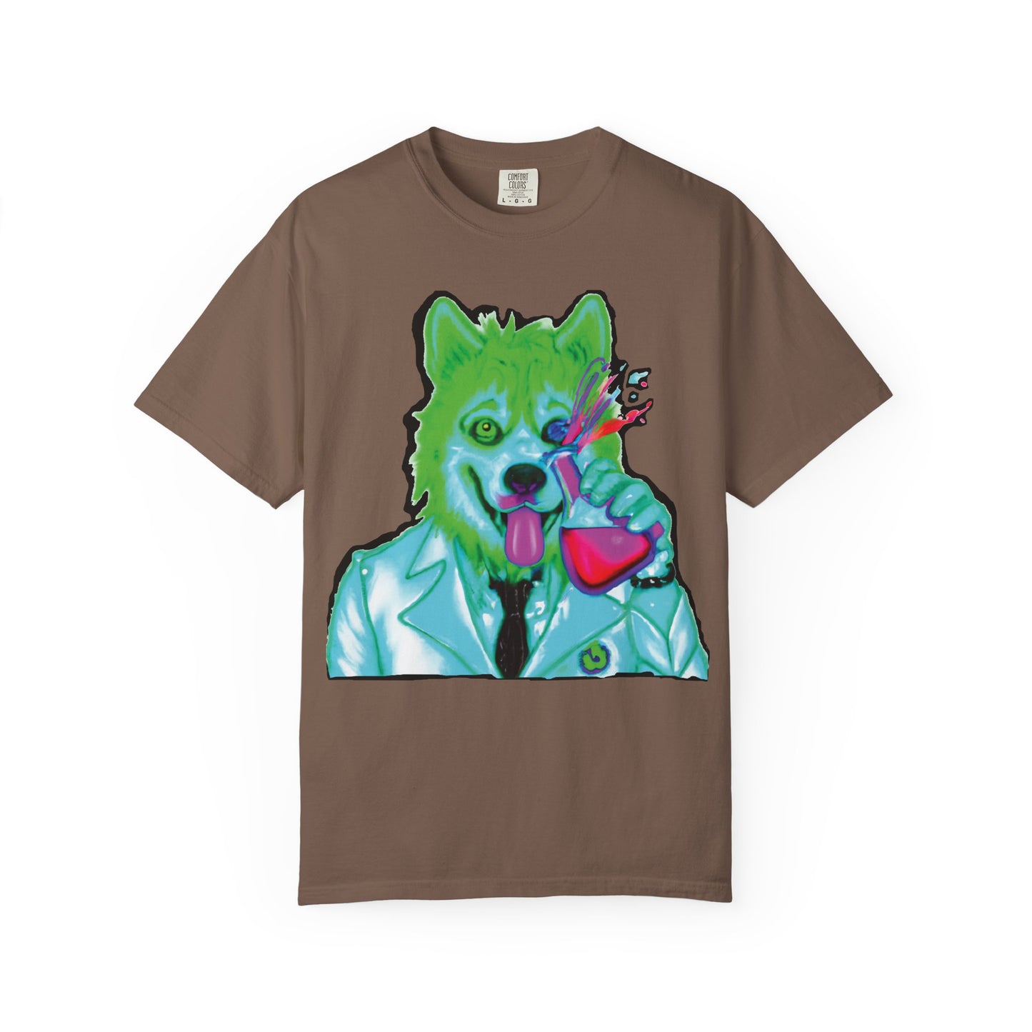 Chemist Wolf Graphic T-Shirt — Green Cartoon Animal Lab Art
