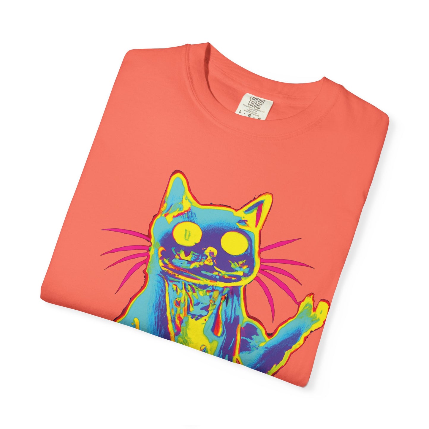 Psychedelic Cat Graphic T-Shirt — Retro Neon Cat Front + 'PLURR0UT.com' Back