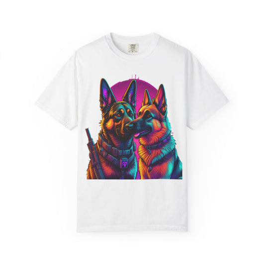 German Shepherd Duo T‑Shirt — Neon Retro K9 Art