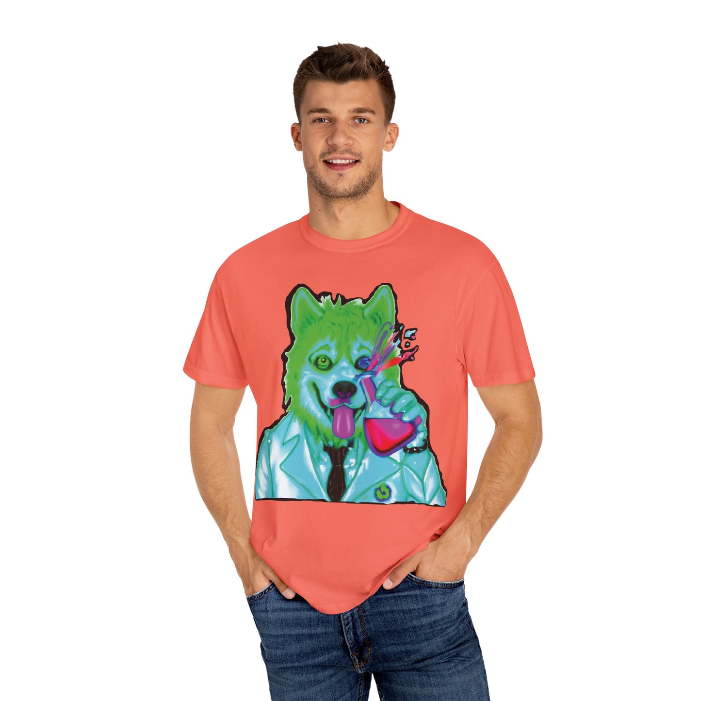 Chemist Wolf Graphic T-Shirt — Green Cartoon Animal Lab Art