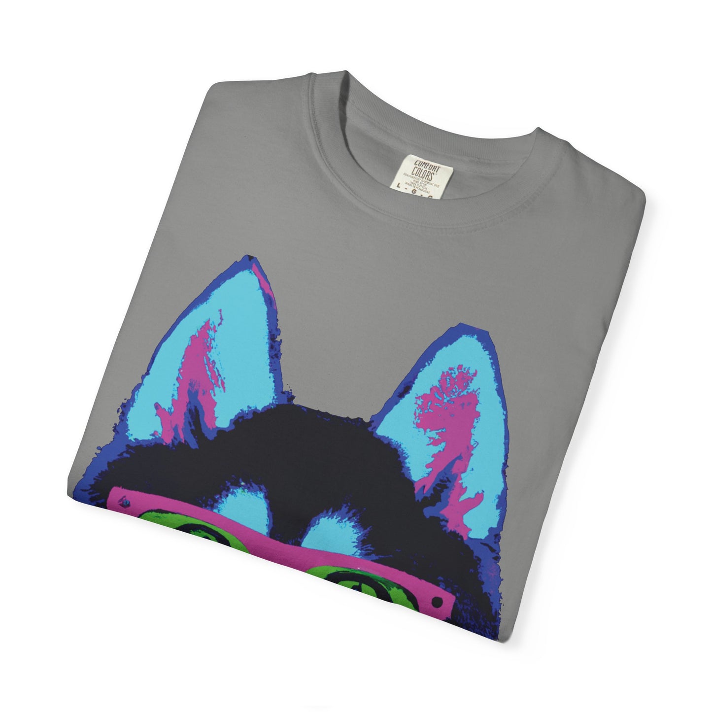 Pop Art Husky T-Shirt — Colorful Dog Face with Sunglasses, Back 'PLURout.com' Graphic