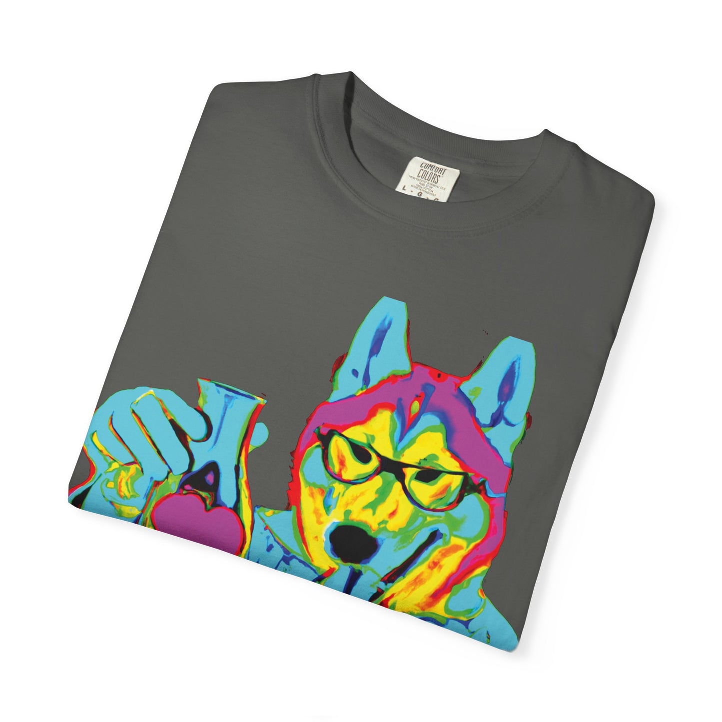 Psychedelic Husky Graphic T-Shirt — Colorful Scientist Dog Design